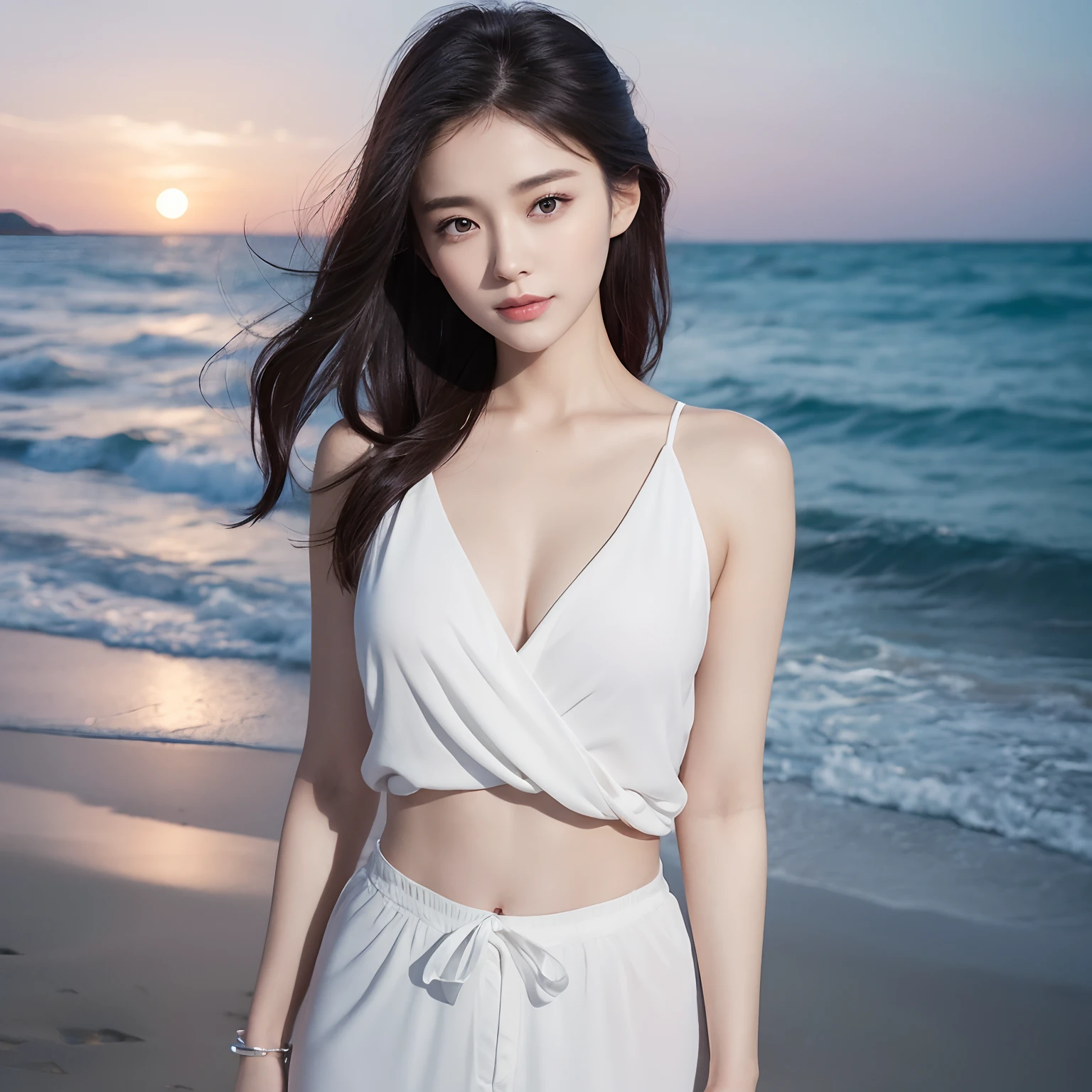One lady、((best qualtiy、8k masterpieces:1.3))、foco nítido:1.2、(ultra beautiful faces:1.0)、(shinny skin:1.0)、photos realistic、A dark-haired、Video Lighting、High-definition eyes and face、Video Lighting、(Korean Cute Actress)、from the front side、medium breasts、ssmile、Sleeveless、Slender Abs Beauty、Whole body、Wearing a white blouse、On the beach at night