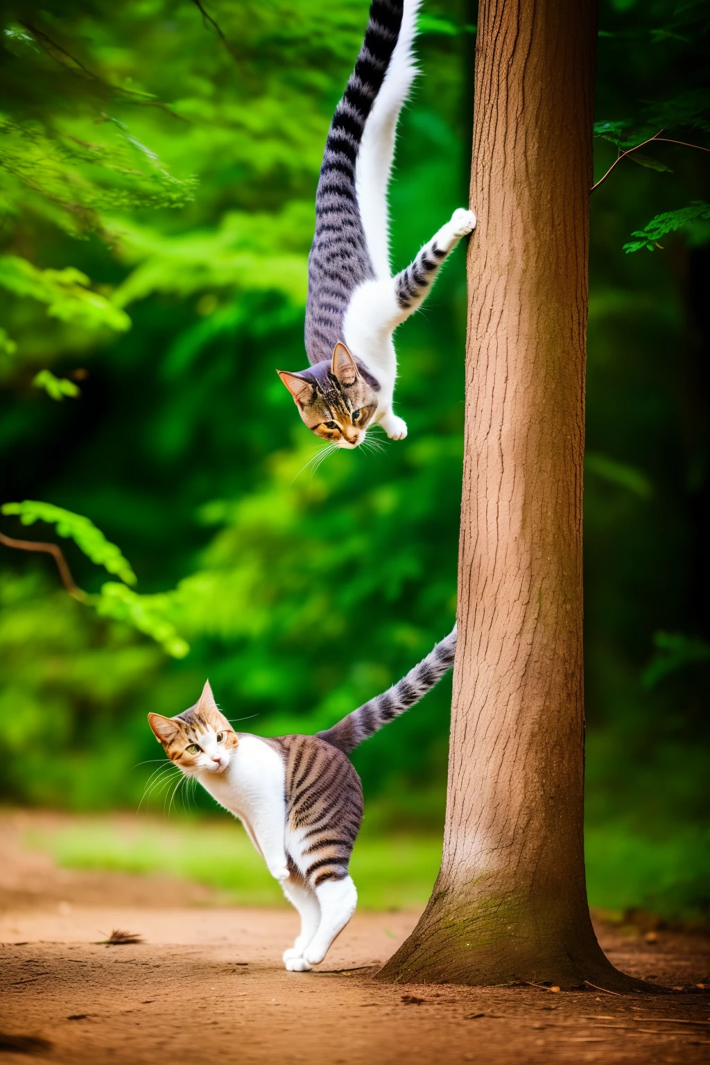 There was a cat standing against a tree, cat in the forest, scratching post, Cat tail, scratching head, next to a tree, Climbing a tree, doing a sassy pose, doing an elegant pose, thick tail, photo of a cat, in an action pose, Hanging from a tree, real-life tom and jerry, pouncing