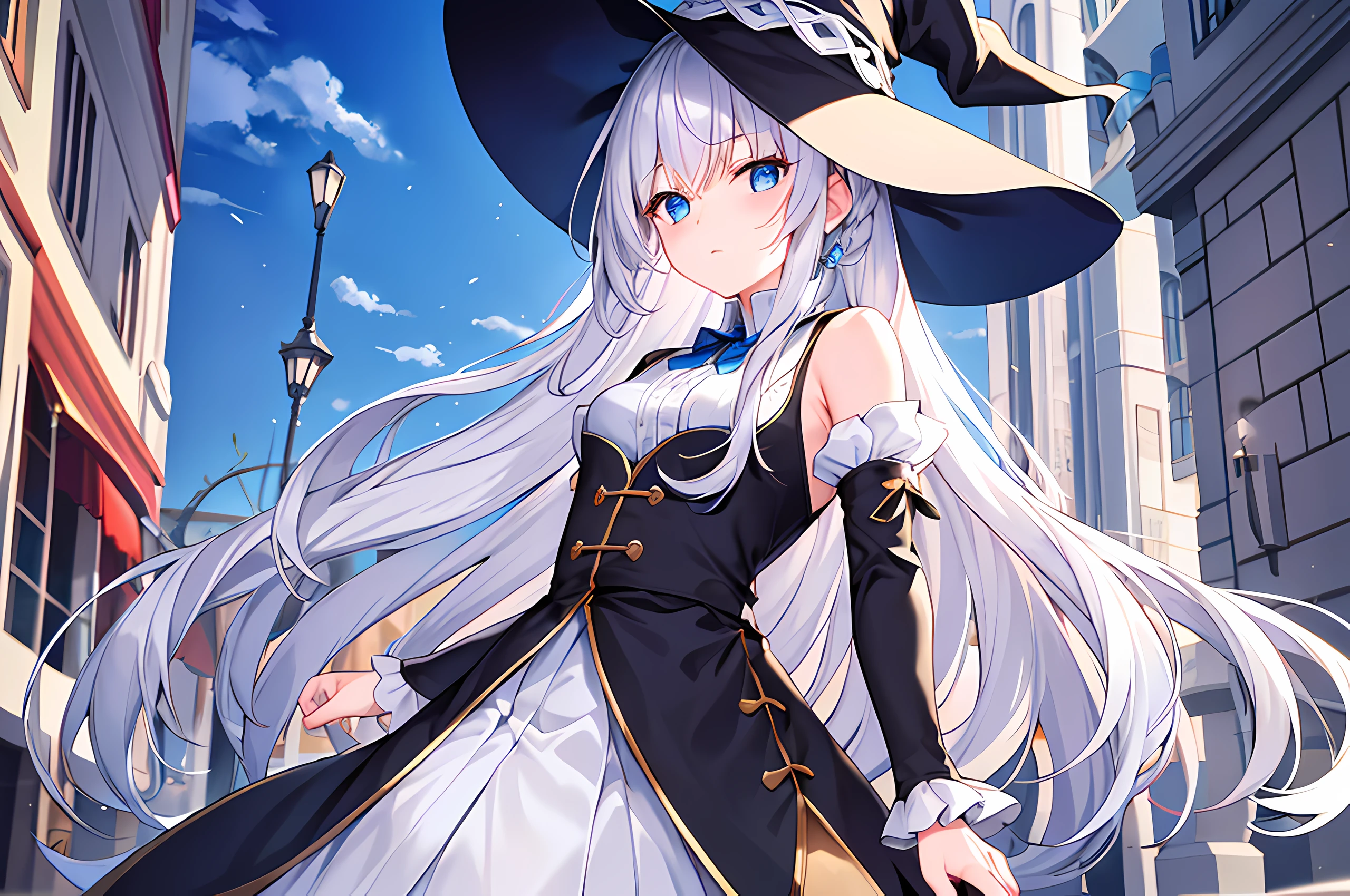 {{{elaina(majo no tabitabi)}}}},{{solo}},{{best quality}},{{masterpiece}},highres,extremely detailed wallpaper,delicate face,beautiful detailed street,beautiful detailed sky,Railing,city,cloud,shadow,{{white hair}},{loose long hair},{ahoge},{{white shirt under black robe}},{white Collared shirt},medium frilled skirt,{{royal blue skirt with white edge}},{blue eyes},beautiful detailed eyes,twist braid,{{bare shoulders}},{{Witch hat}},Pendant on Tip of hat,