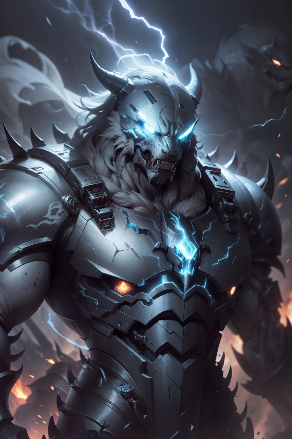 Mechanical monsters,Beast head,Mechanical armor all over the body,Facing the lens,The expression is fierce