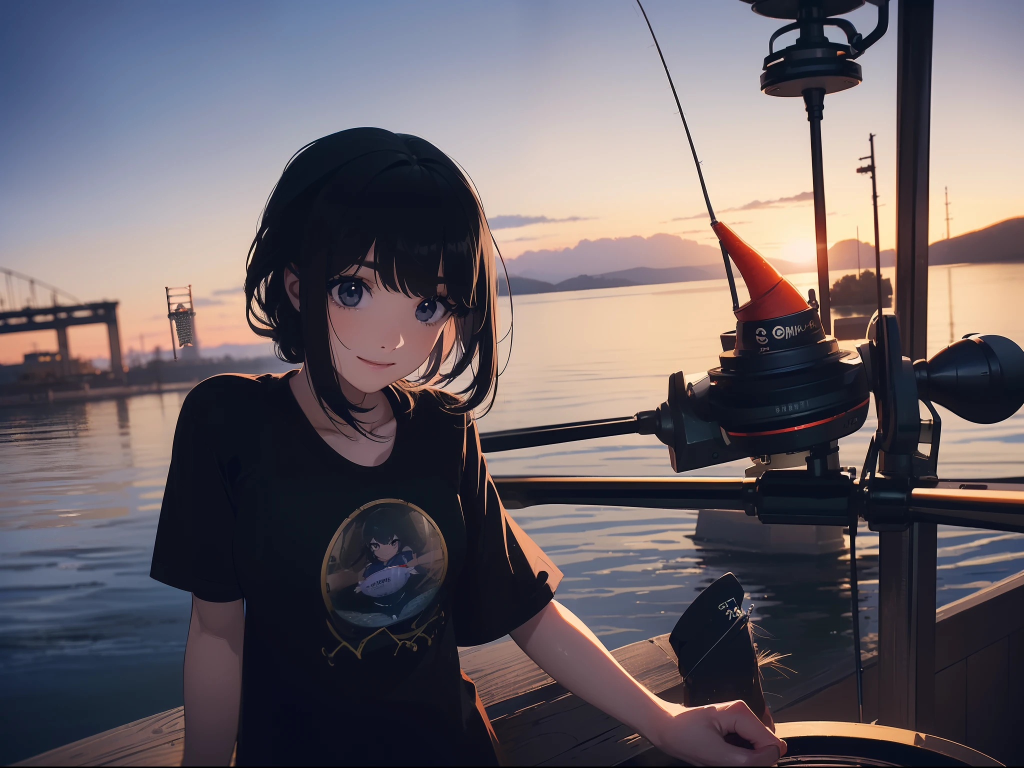 (((have a fishing rod with a reel))) (((stand by the lakeside:1.1))),((Best quality, Masterpiece :1.3)),(1 japanese mature female),black hair, longeyelashes, solid circle eyes, light smile, drop shadow, atmospheric perspective, 8k, super detail, ccurate, best quality, small breasts,black jacket, Black T-shirt ,navy blue jeans,