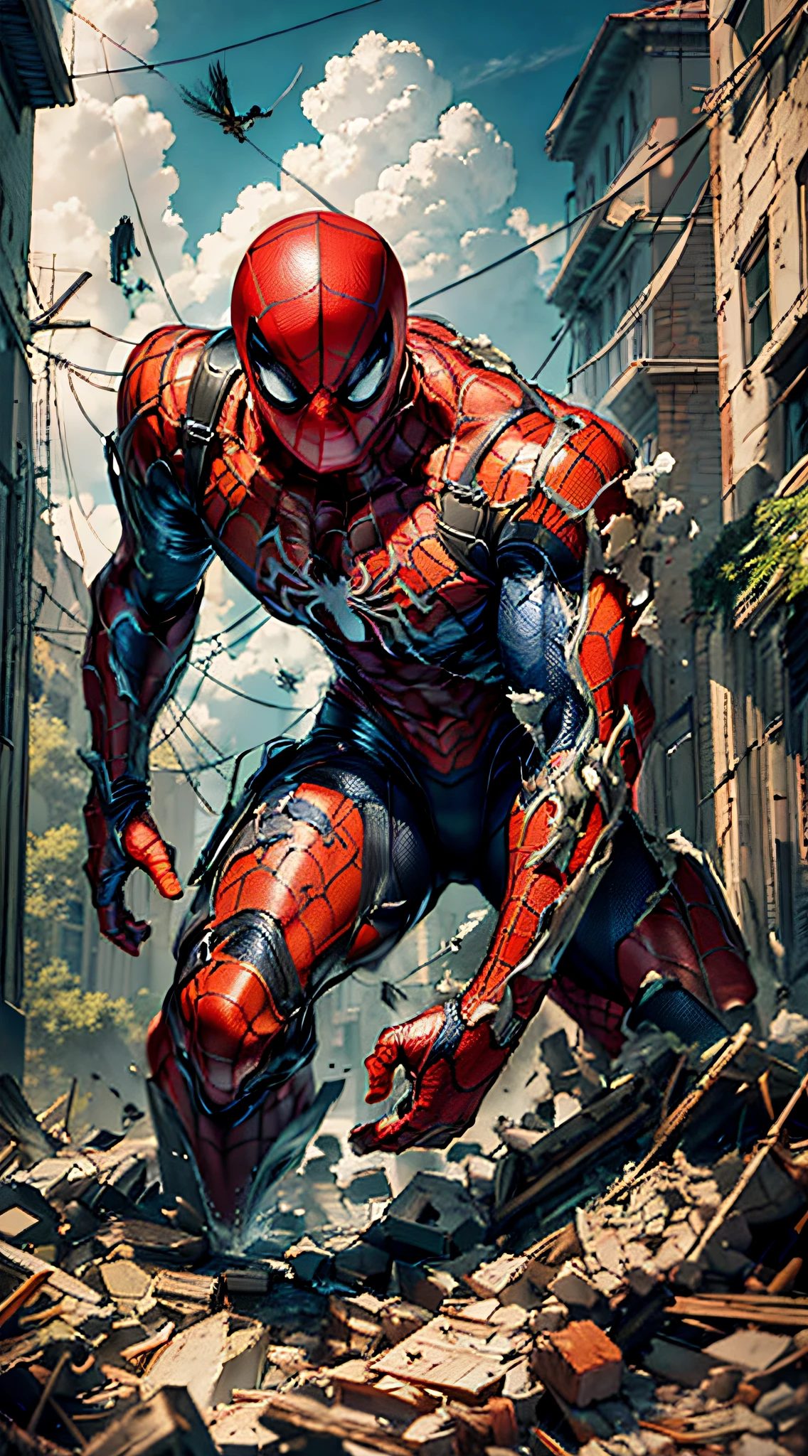 hyper HD, Masterpiece, Anatomically correct, ccurate, Textured skin, Super detail, High quality, High details, Award-Awarded, Best quality, A high resolution,Spider-Man stands on the ruins of destruction,