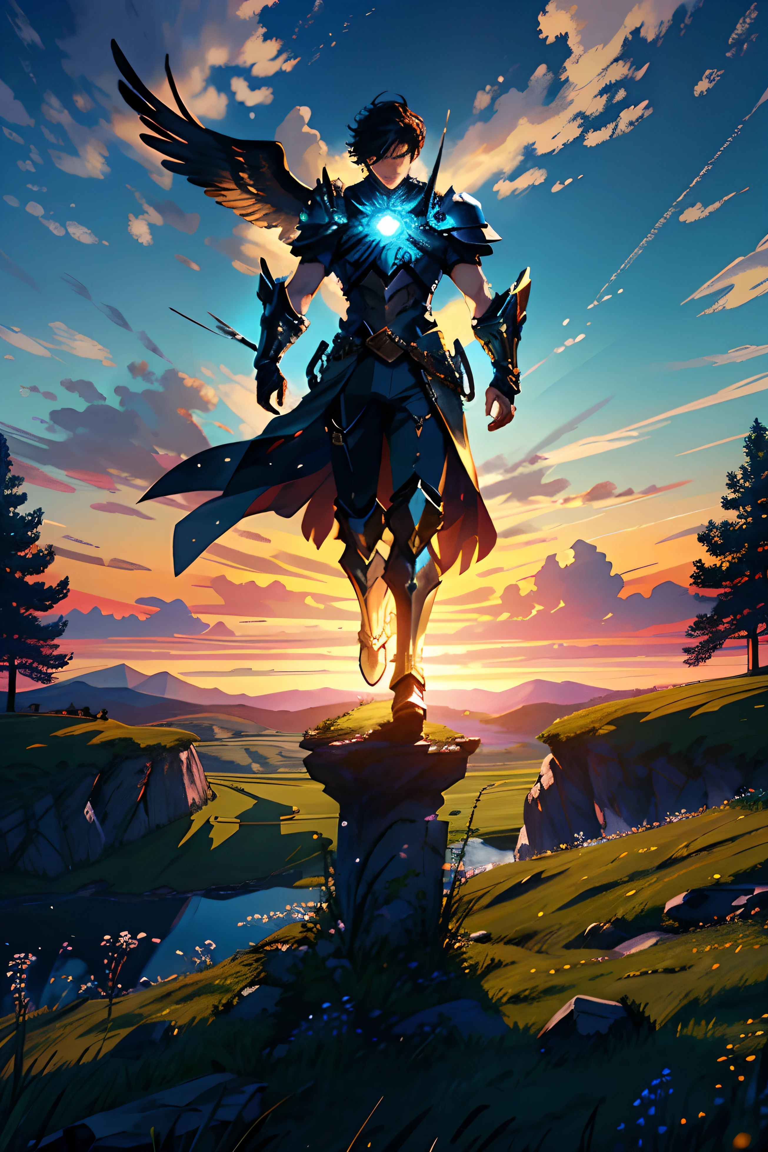 (ultra high res,photorealistic,realistic,best quality,photo-realistic)
Create an anime scene featuring a young man standing on a grassy cliff at sunset. He wears a blend of traditional and futuristic armor, holding a glowing sword. His determined expression and flowing hair catch the wind as he overlooks a serene valley. The animated background includes swaying trees, drifting clouds, and soaring birds, adding to the tranquil ambiance. Surrounding him, vibrant wildflowers bloom, and his ornate armor tells a story of his journey. The interplay of light and shadow emphasizes his heroism and connection to the world around him.