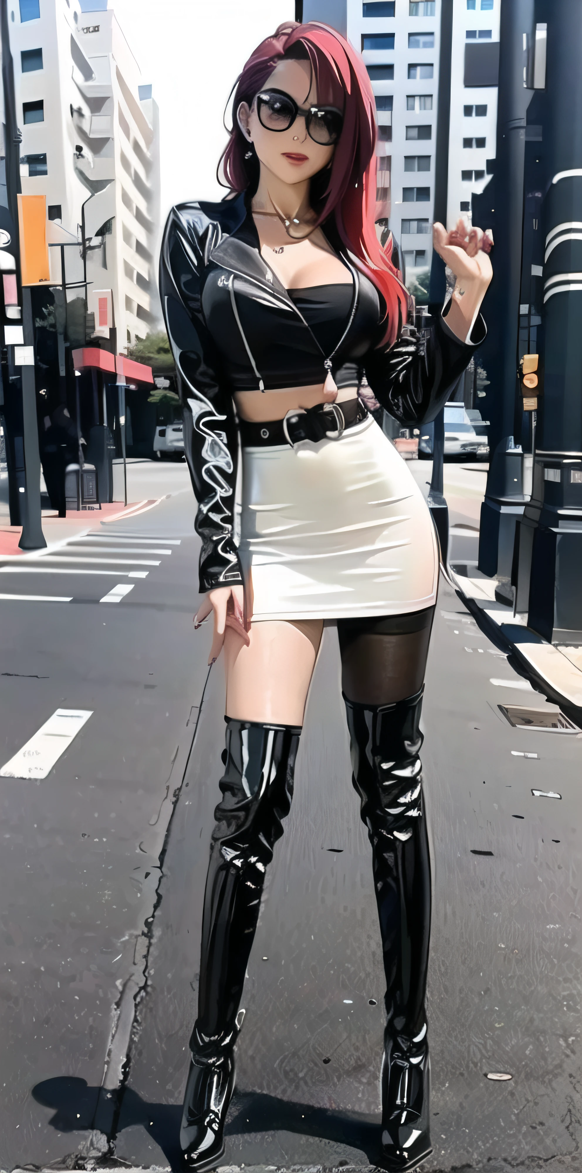 1girll,(8K, RAW photo, Best quality, Masterpiece:1.2), (1China girl,Solo:1.29),(Realistic, photo-realistic:1.37),(Street photography:1.54),(busty figure:1.5),Boots,(2 boots,2 normal legs),Over-the-knee boots,(Stand upright,Orthographic lighting,whole body picture:1.88),(knee high boots:1.75),(Leather boots:1.6),(Over-the-knee boot cover 3/4 legs:1.55),(high-heels:1.2),(Silvery hair),(Silver boots),(leather miniskirt:1.3),(High heels:1.4),(2 Long heels:1.2),(2 stiletto heels:1.33),(Slim heels:1.33),(brassier:1.65),(Silver patent leather boots:1.4),(The boots clung to her legs:1.5),(The boots are pressed tightly against the thighs, Accentuate the curve of the legs),(A pair of black pantyhose:1.88),(A thin pair of black pantyhose:1.66),(A pair of black thin oily pantyhose:1.66),(The line between the legs and the black silk skirt is clear:1.56),(Ultra detail,full bodyesbian),(Red long-haired,Red hair,Bright red hair:1.4),(Beautiful detailed girl:1.5) ,Beautiful nose,(Extremely detailed eyes and face:1.5), (Beautiful detailed eyes:1.5),(light in face:1.5),(Hanfu:1.1),beautiful detailed lips,Professional lighting, No hats,(Hanfu:1.1),2 legs,photon maping, Radio City, Physically-based rendering,Extremely detailed eyes and face, Beautiful detailed eyes,light in face,Cinematic lighting,Beautiful detailed sky,Details of Shanghai streets,Morning,sun light,Short jacket,Hoodie,school uniform,(Open legs:1.45),1girll,full bodyesbian,full body shot of,See-through,view the viewer,Outdoors,