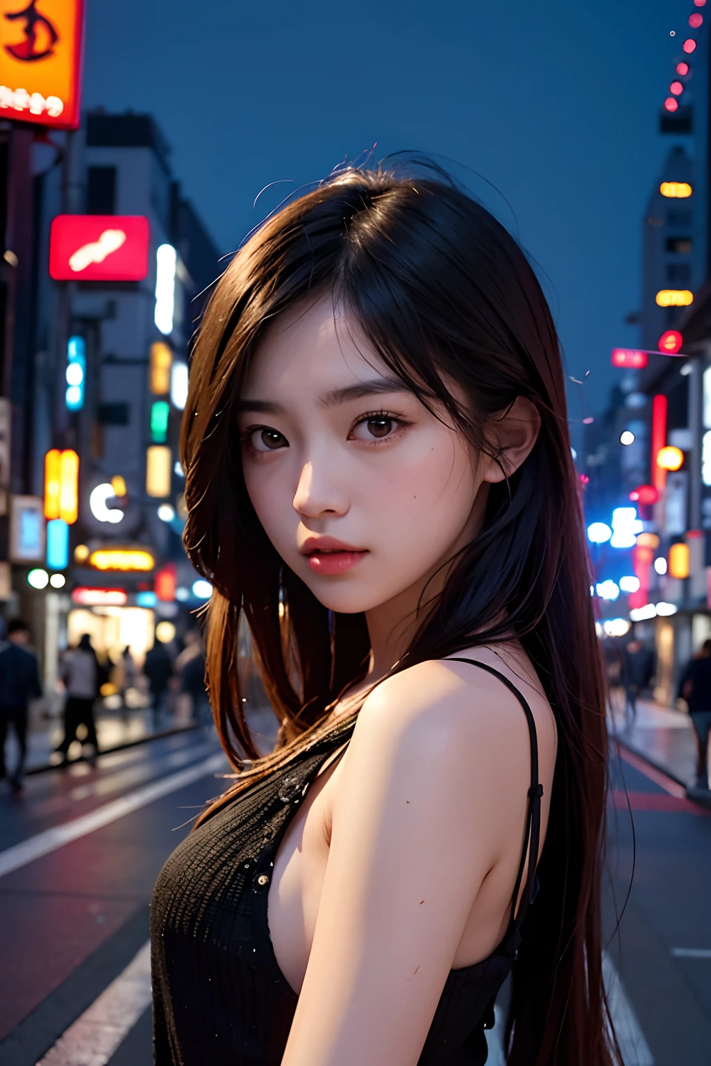 1girl, Tokyo street,night, cityscape,city lights, upper body,close-up, 8k, RAW photo, best quality, masterpiece,realistic, photo-realistic,