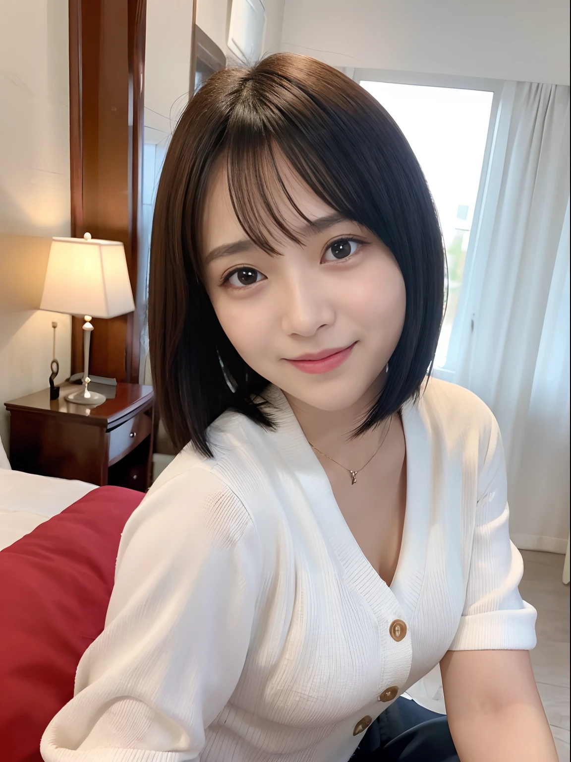in 8K、top-quality、​masterpiece、ultra-detailliert、超A high resolution、profetional lighting、1 girl of 20 years、portlate、a short bob、poneyTail、hair wavy、Floating hair、Hair Stopper、Put your ears out、Tear bag、二重まぶた、Gentle eyes、azure eyes、耳Nipple Ring、Opens mouth and laughs