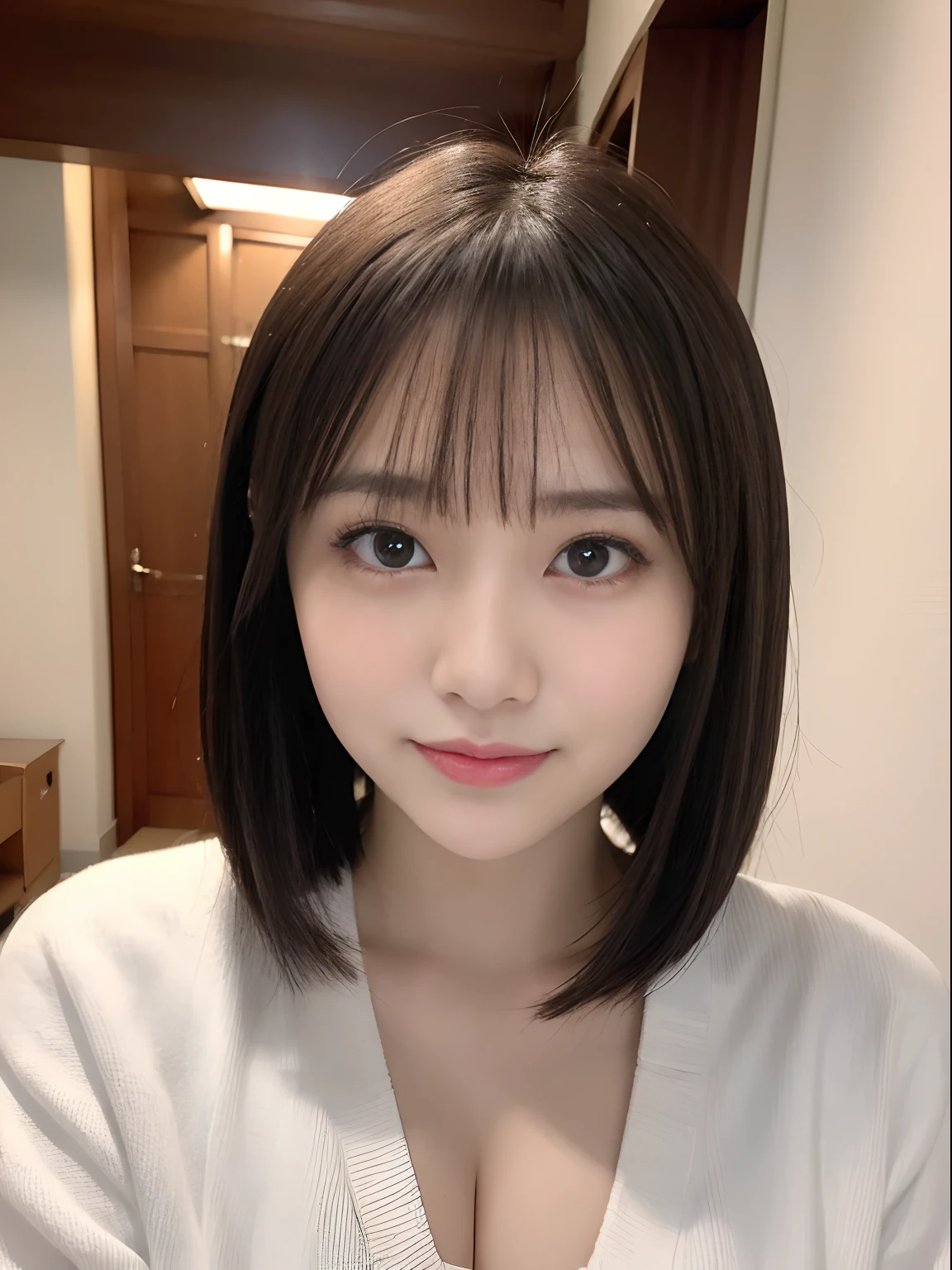 in 8K、top-quality、masterpiece、ultra-detailliert、超A high resolution、profetional lighting、1 girl of 20 years、portlate、a short bob、poneyTail、hair wavy、Floating hair、Hair Stopper、Put your ears out、Tear bag、二重まぶた、Gentle eyes、azure eyes、耳Nipple Ring、Opens mouth and laughs