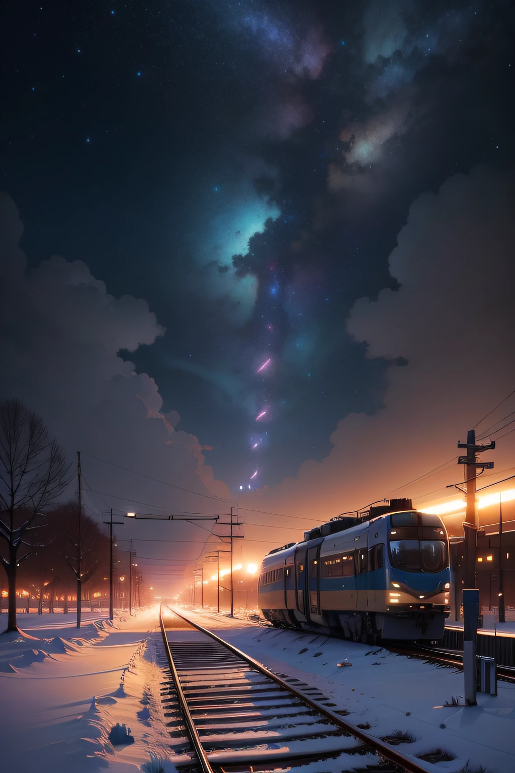 There is a train running along the tracks in the snow, Makoto Shinkai&#39;s concept art, tumblr, magic realism, beautiful anime scenes, cosmic sky. by makoto shinkai, ( ( makoto shinkai ) ), anime background art, anime backgrounds, Makoto Shinkai&#39;s style, anime movie backgrounds, galaxy express, no humans.