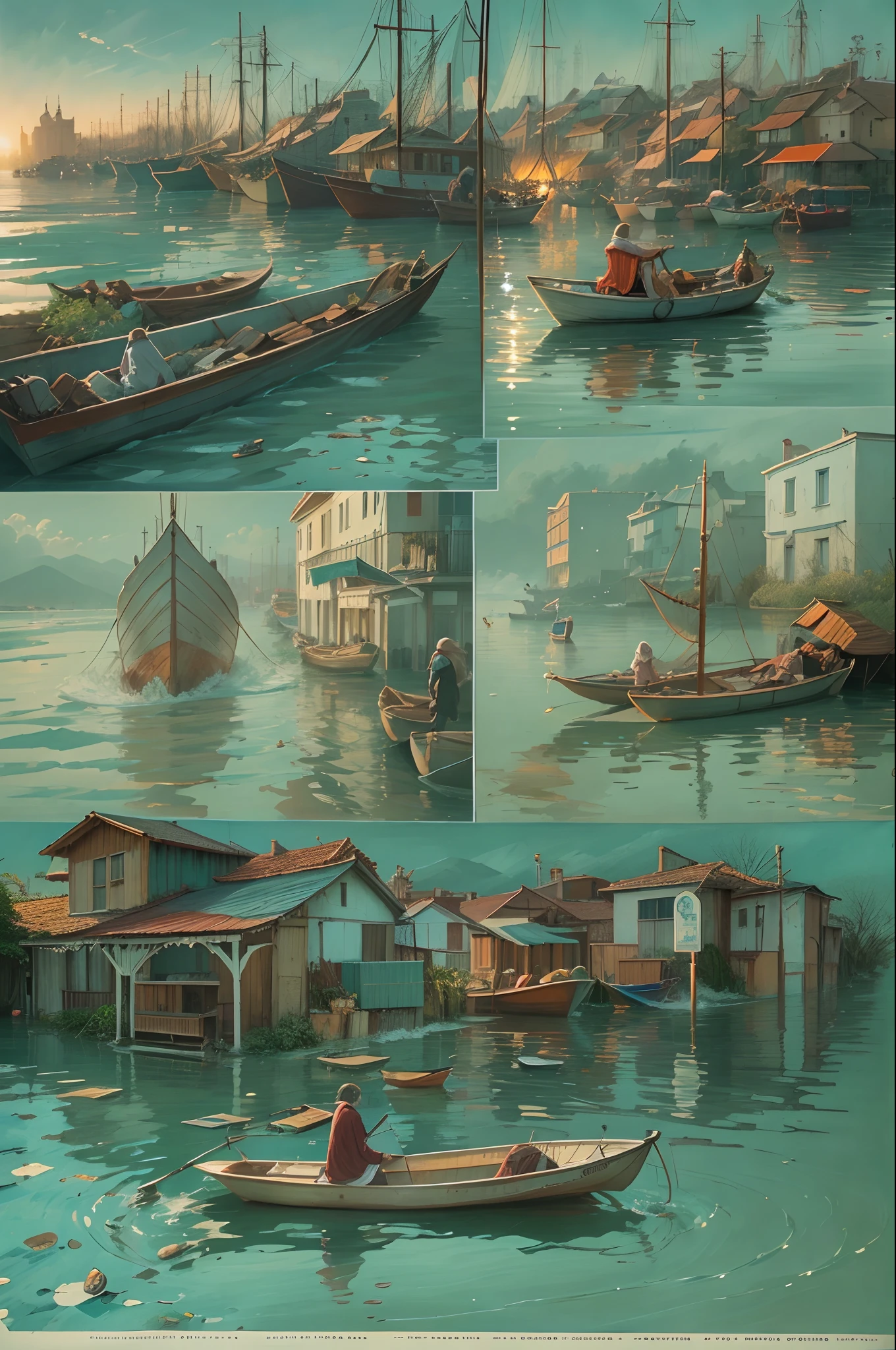 evening light,the ocean,A city in the sea,Flooded streets,small boats