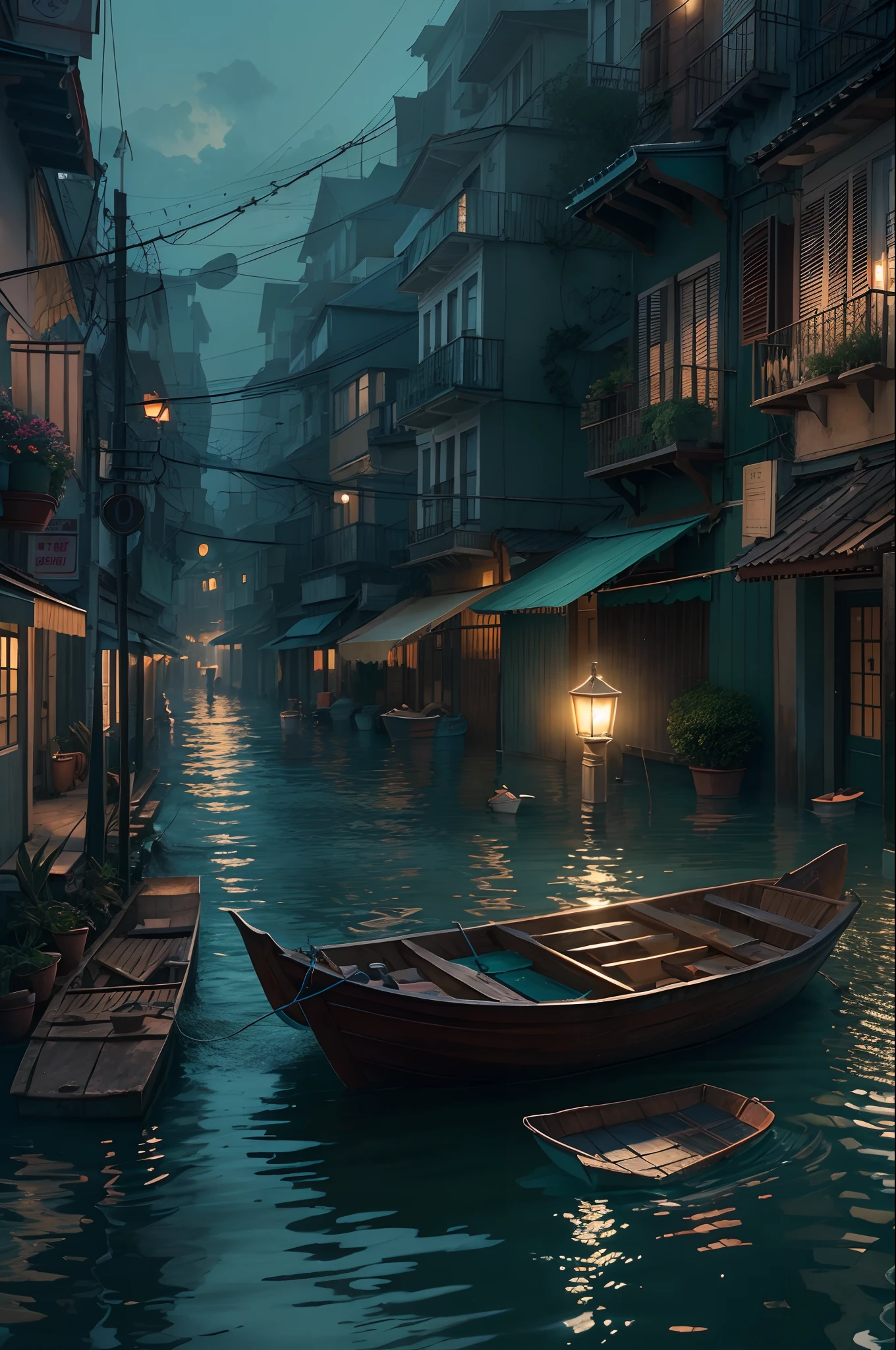 evening light，the ocean，A city in the sea，Flooded streets，small boats