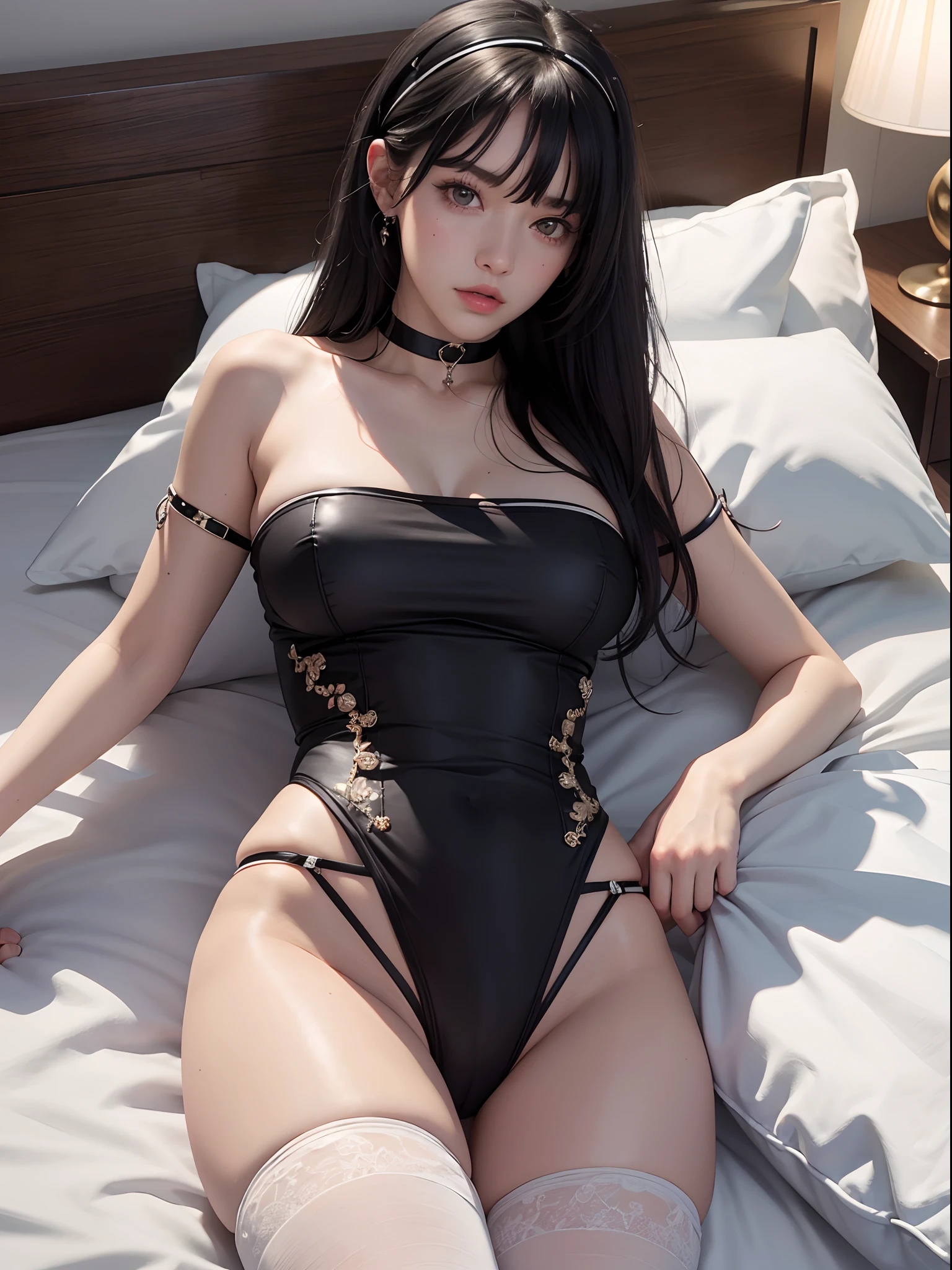 Unbeatable masterpiece, Ultra photo realsisim, Perfect artwork, Intricate details, Best quality, Strong light,High contrast, Masterpiece , Best quality , A high resolution , 1girll ,full bodyesbian , lie on one's side , (Black hair:1.3) ,bangs , hair adornments , Hair Band , shinny hair , Red eyes , Embarrassed , Face blush ,swimsuit , Bare shoulders , Handcuffs ,Medium breasts , white thighhighs(nylon\) Bed , gauges , pillow head , full bloom ,