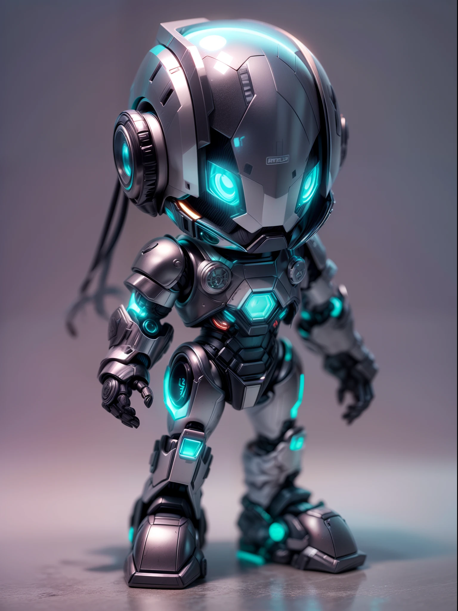 (Blind box toy style:1.2), (Full body shot) , (1 male robot)(((solo))) plastic armor，plastic opaque helmet，cyberpunk style, dreamy glow, Clean background,black and silver style，(circular base） ( Global illumination, Ray traching, hdr, unreal render,reasonable design, high detal, Masterpiece, Best quality, hyper HD, Cinematic lighting)