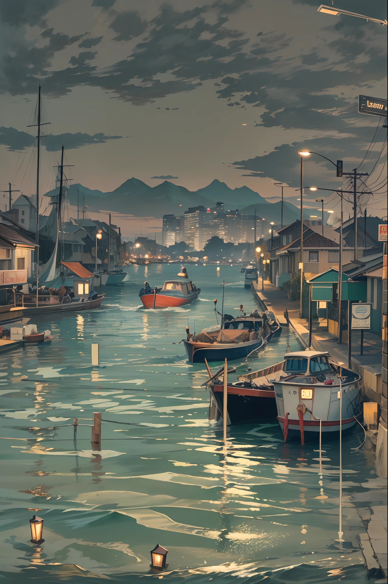 evening light,the ocean,A city in the sea,Flooded streets,small boats