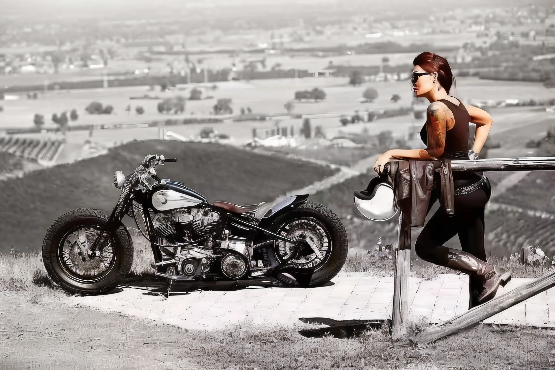 There is a woman standing next to a motorcycle on the hill, Motorcycles, sitting on the motorcycle, rockabilly style, picture of a female biker, motorcycle, rockabilly, lonely rider, harley davidson, biker, cafe racer, riding a motorcycle, motorbiker, riding steampunk motorcycle, badass look, harley davidson motorbike, dressed in biker leather, black & White, Ink style