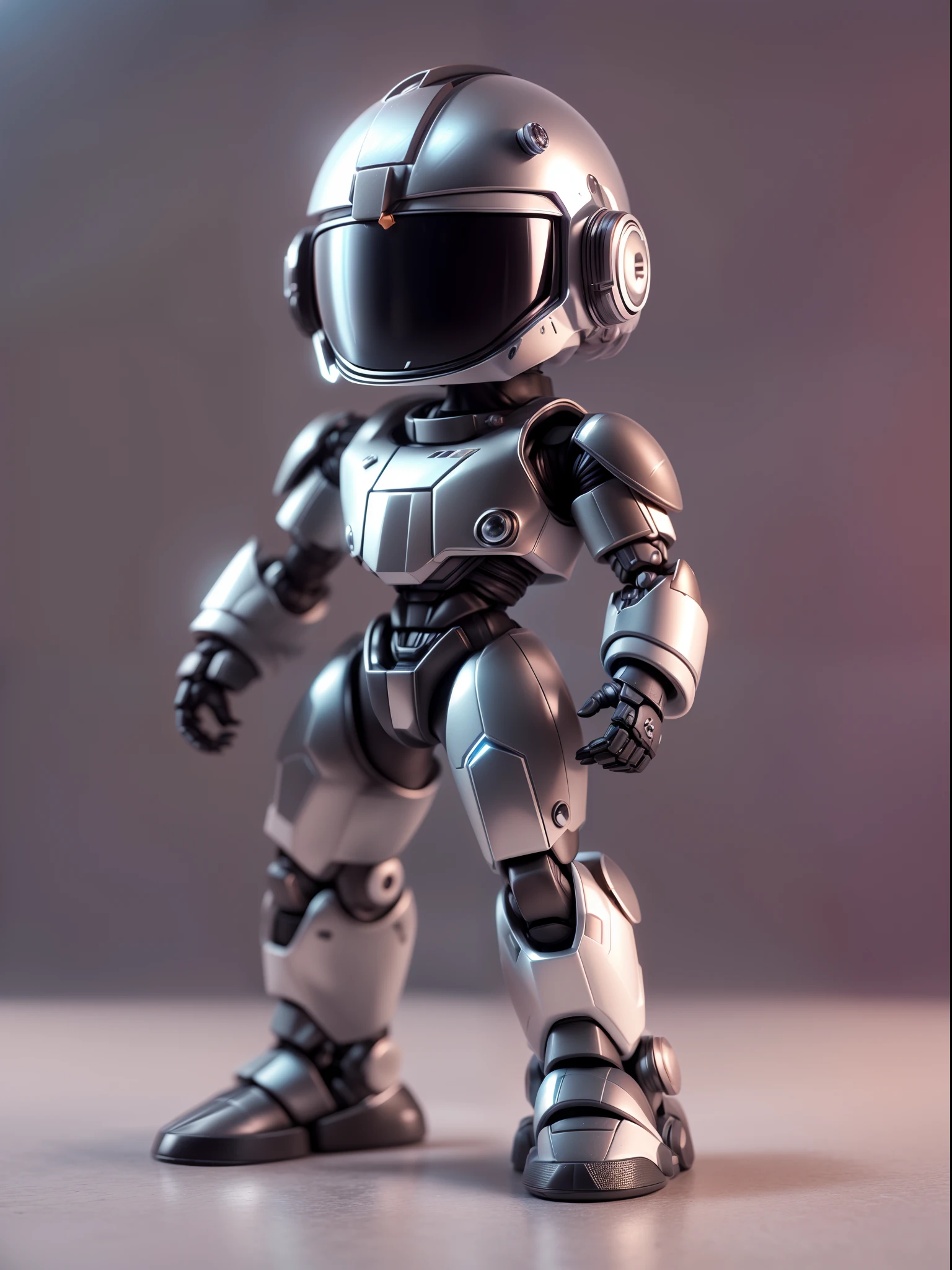 (Blind box toy style:1.2), (Full body shot) , (1 male robot)(((solo))) plastic armor,plastic opaque helmet,cyberpunk style, dreamy glow, Clean background,black and silver style,(circular base) ( Global illumination, Ray traching, hdr, unreal render,reasonable design, high detal, Masterpiece, Best quality, hyper HD, Cinematic lighting)