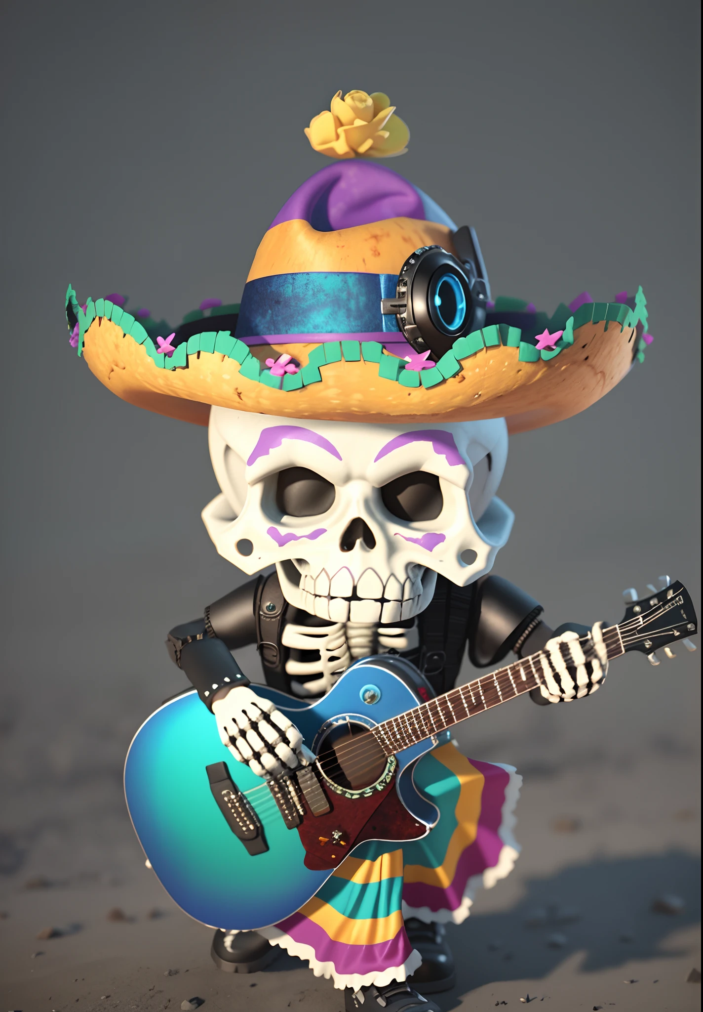 Mexican cap，guitar，Cartoon skeleton，celebrating day of the dead，（（3d effect）），pixar-style，rendering by octane，hight contrast，high qulity，（（（cyber punk style））），（（Wasteland background））