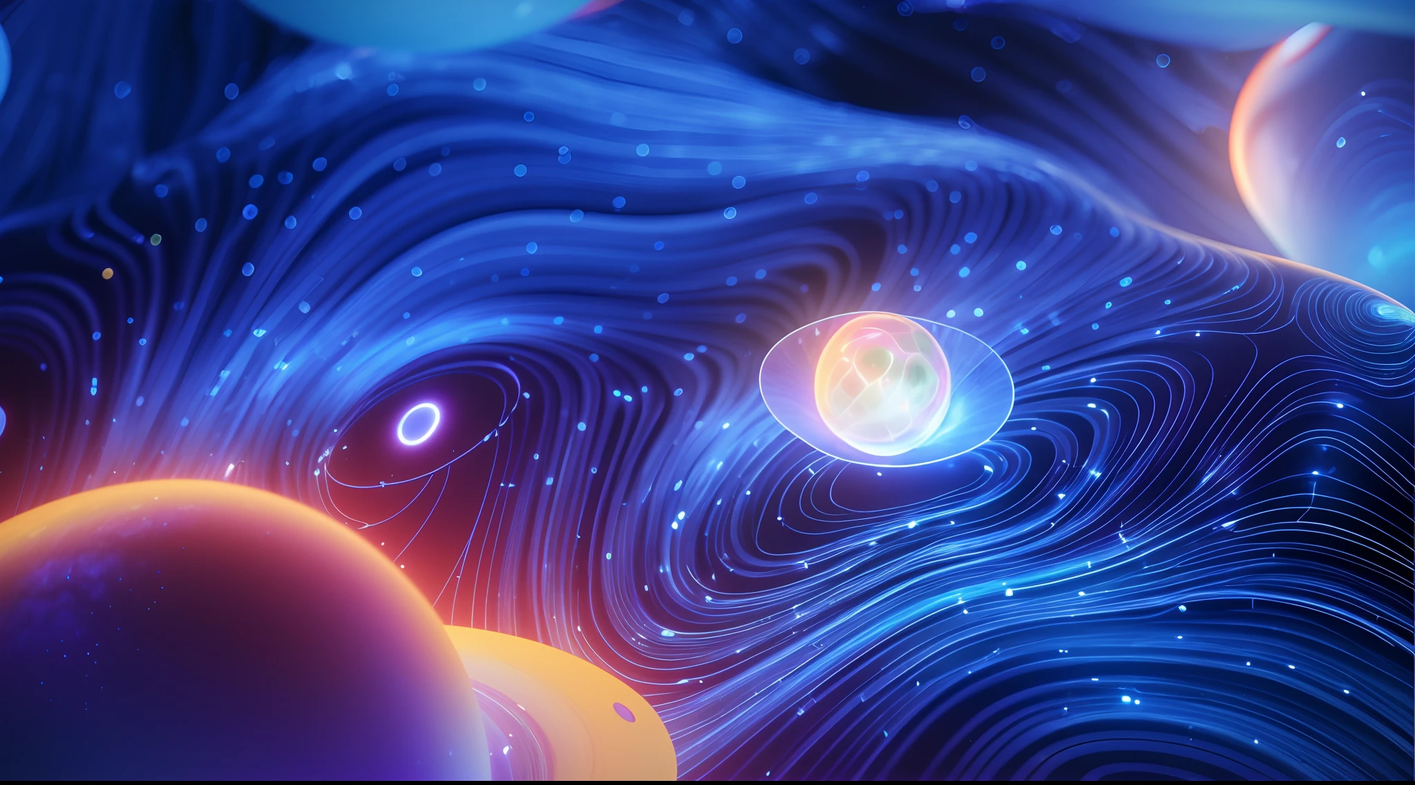 Close-up of a computer-generated spatial image, cosmic energy wires, colorful redshift render, Realistic textured magnetosphere, Spatial distortion and distortion, Tearing the space-time structure, space graphics art in background, Rendered in redshift, particle waves, beautiful cosmic neural network, beautiful composition 3 - d 4 k, swirling flows of energy,k hd,A detailed,Pubic area is clear,outerspace,kosmos,Metaverse,sci-fy,jelly fish,a cosmic jellyfish,galaxias