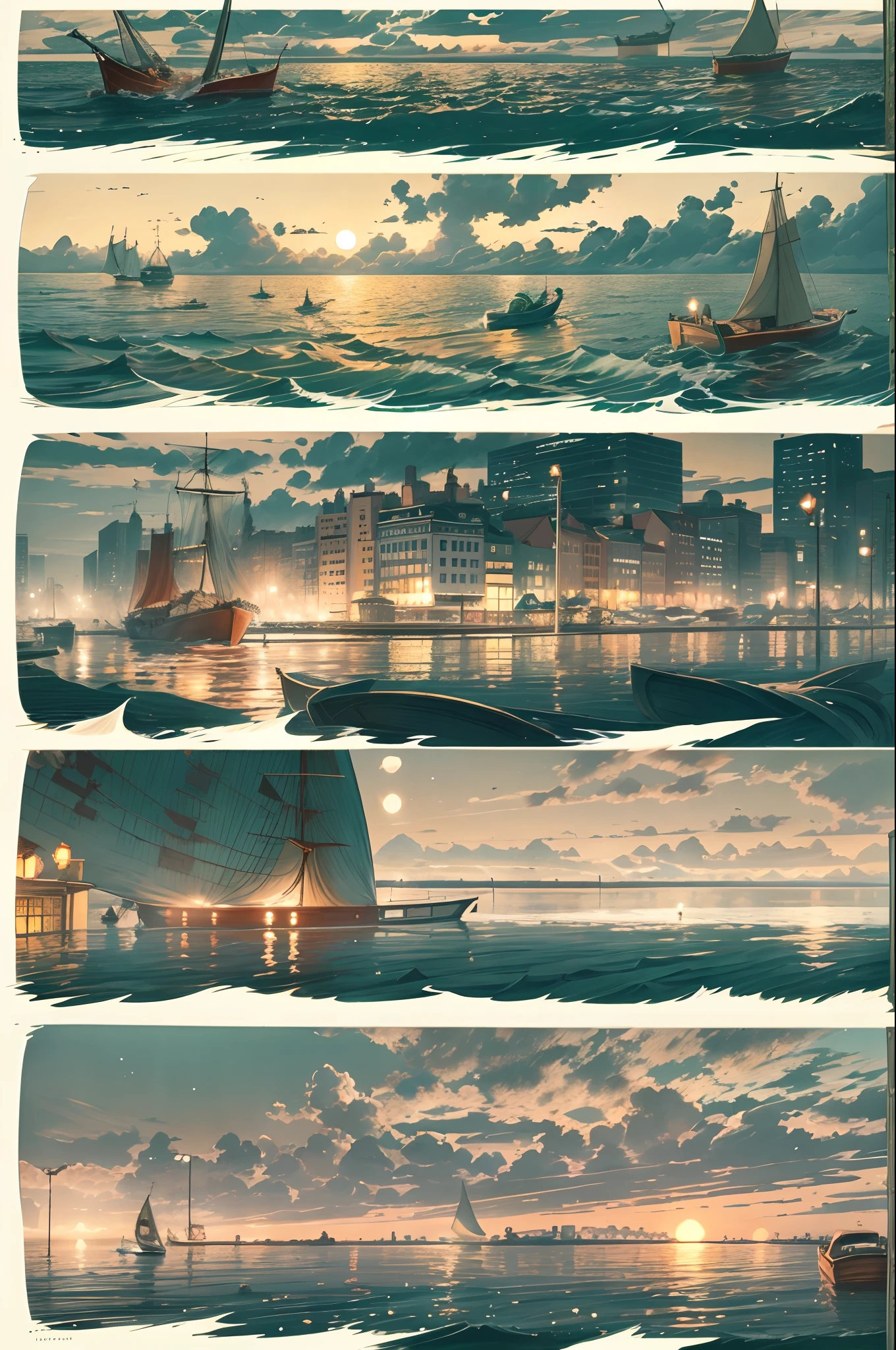 evening light,the ocean,A city in the sea,Flooded streets,small boats,lamplight