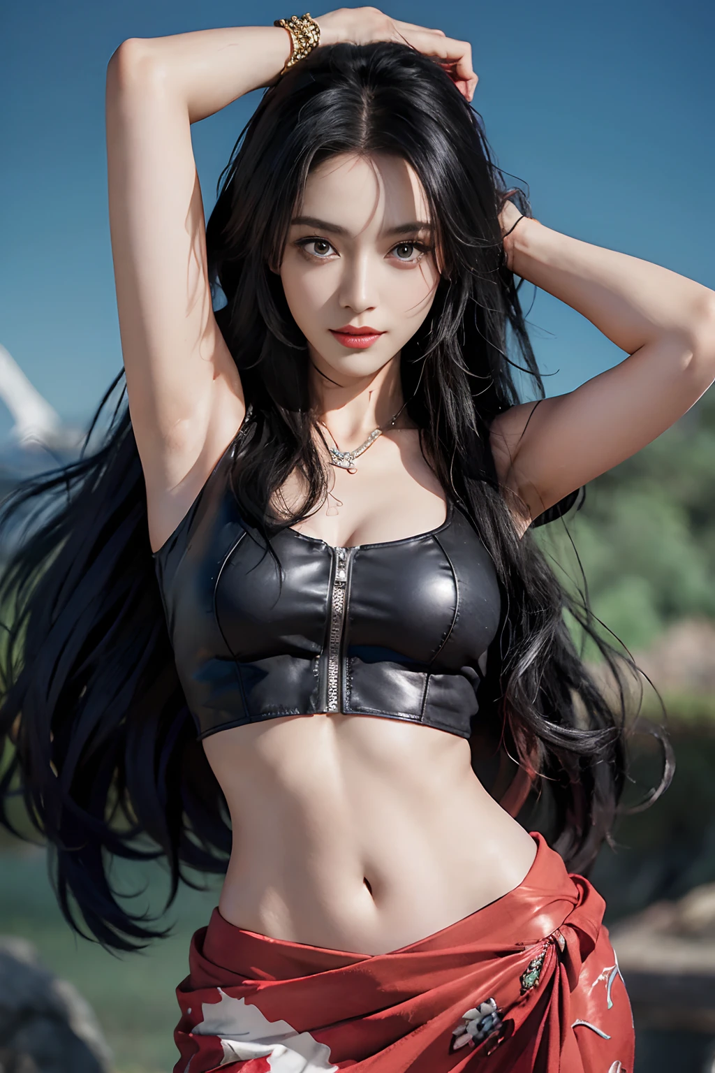 (((masutepiece+Best quality+high resolution+Ultra-detailed))), nico robin\(One Piece\), Long silky black hair, High nose, Sharp eyes, Noble and inviolable temperament, (([Female]: 1.2 + [Beauty]: 1.2 + Black long hair: 1.2)), Background of Egyptian scriptures, (One Piece), collared jacket, croptop, midriff, navel, sarong, Short sleeves,  zippers, Partially unzipped, Cowboy shot, aqua eyes, Dynamic angles and poses.