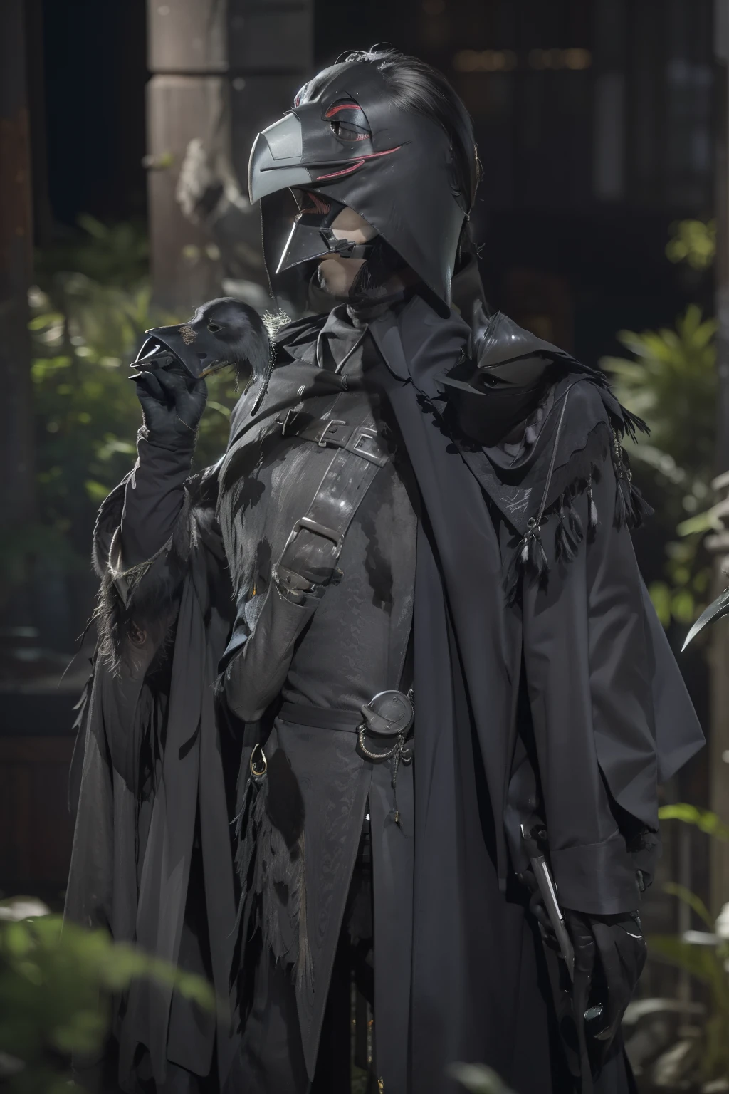 ((Masterpiece)),((Best quality)),((High- sharpness)),((Photorealsitic)) ,A man,((Wear a crow mask)),full bodyesbian,Thin,嵣嵝,Slender,Dilapidated church,Mossy,Chomper,Night,with light glowing,realisticlying,photorealestic,