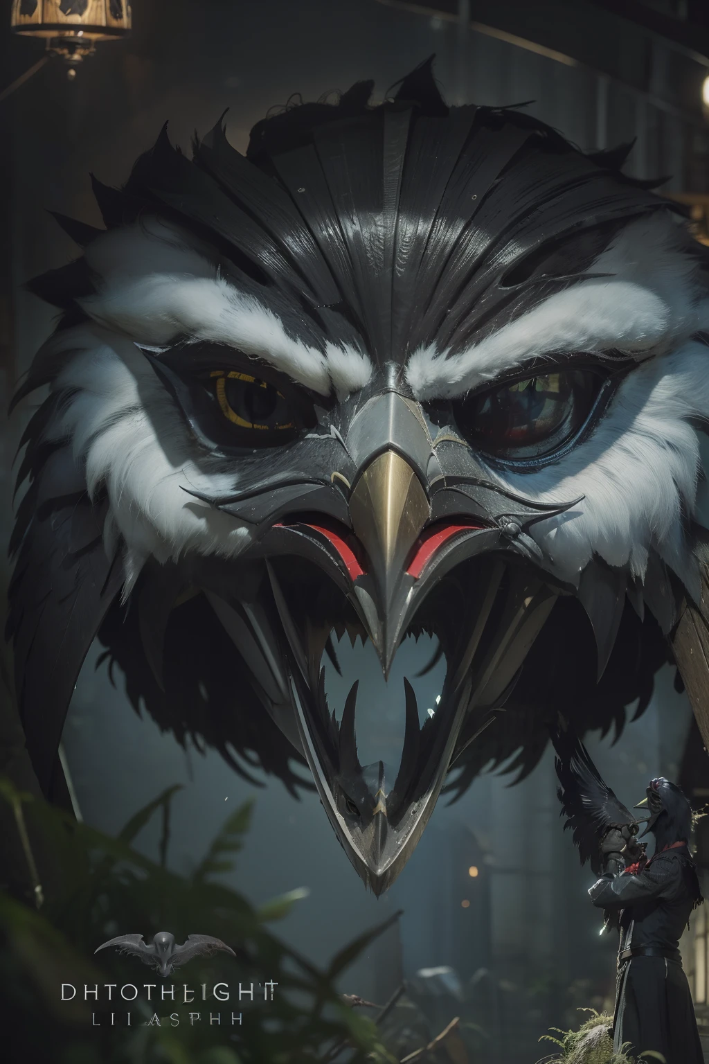 ((Masterpiece)),((Best quality)),((High- sharpness)),((Photorealsitic)) ，A man，((Wear a crow mask))，full bodyesbian，Thin，嵣嵝，Slender，Dilapidated church，Mossy，Chomper，Night，with light glowing，realisticlying，photorealestic，