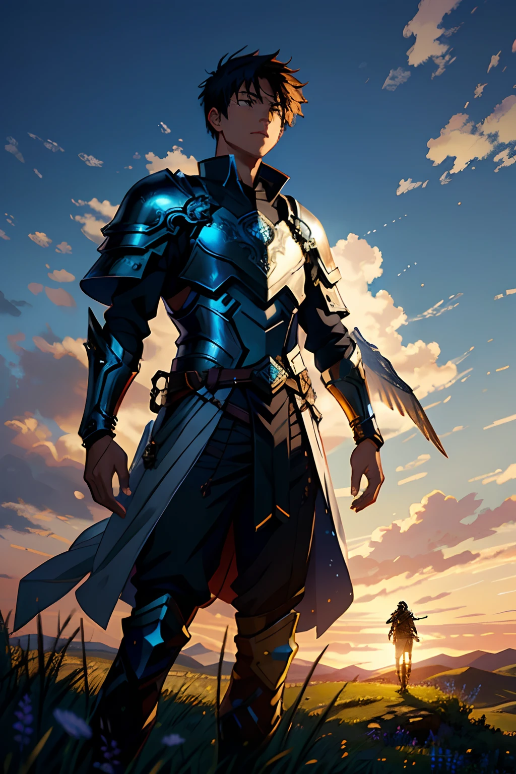 (ultra high res,photorealistic,realistic,best quality,photo-realistic)
Create an anime scene featuring a young man standing on a grassy cliff at sunset. He wears a blend of traditional and futuristic armor, holding a glowing sword. His determined expression and flowing hair catch the wind as he overlooks a serene valley. The animated background includes swaying trees, drifting clouds, and soaring birds, adding to the tranquil ambiance. Surrounding him, vibrant wildflowers bloom, and his ornate armor tells a story of his journey. The interplay of light and shadow emphasizes his heroism and connection to the world around him.