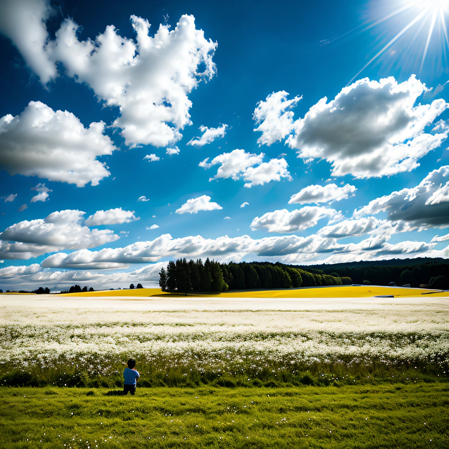with blue sky and white clouds,Windblown meadows,Young boy standing on the grass,photorealestic,超高分辨率,cinematric light,best shadow,Realiy,The wind is blowing,Light scatters in the clouds,realisticlying,Realiy