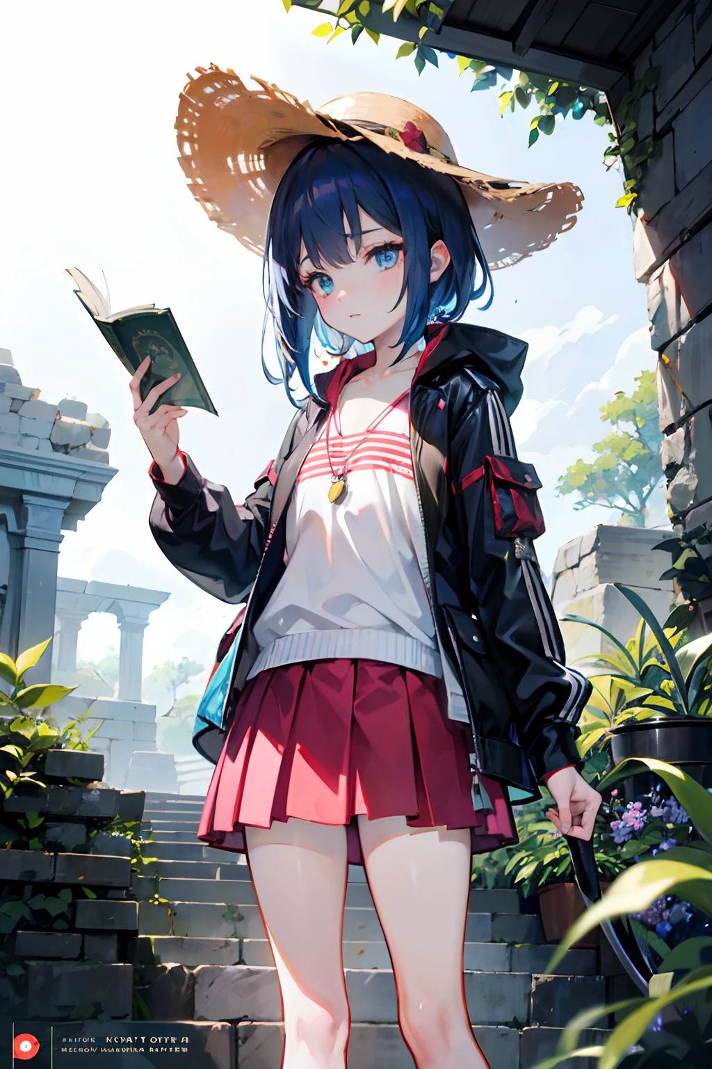 A determined 21-year-old anime girl with a unique charm, her small build and flat chest enhancing her distinctive appearance, dressed in rugged explorer attire, a wide-brimmed hat shading her determined eyes, a map clutched in her hand as she steps into a mysterious and uncharted wilderness, where lush foliage and ancient ruins intertwine, evoking an aura of adventure and resilience, Illustration, detailed linework and vibrant colors
