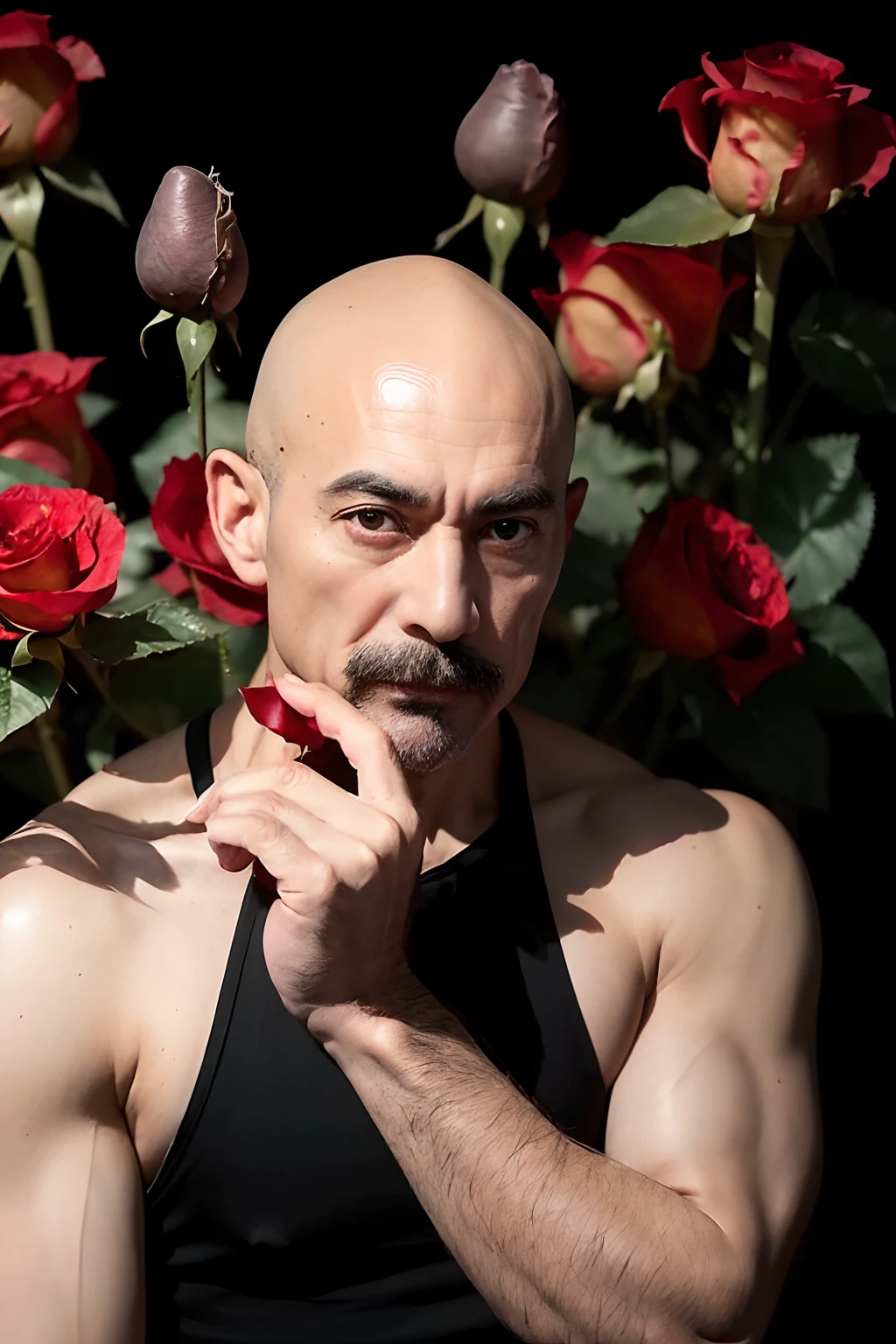 Dark theme、garden、(Very handsome hairless uncle:1.3)、(Glossy headskin:1.3)、Hairy pubis、Hairy legs、strong mustache、Good-looking middle-aged bald bodybuilder in black tank top and black pants、Cool statue to put your hands on your head(Confusion of bright red rose flowers on background:1.3)、Spectacular realistic photos、