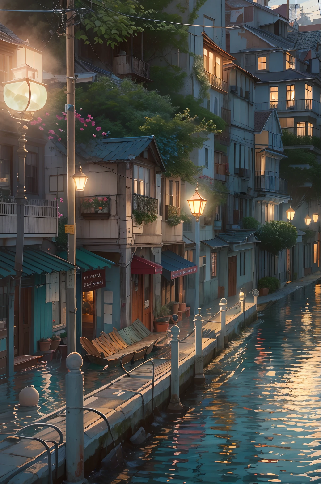 evening light,the ocean,A city in the sea,Flooded streets,small boats,lamplight