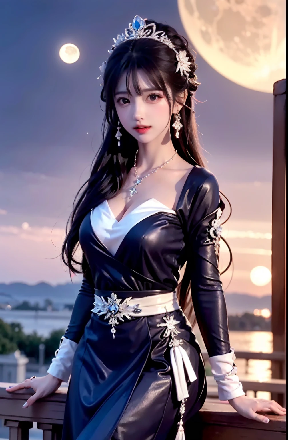 moon, moonlight, full moon, night, dark blue sky, violet, lilac dress, long skirt on chest, long black hair, long hair and waist, beautiful maiden, god, divinity, white tiara, sitting on railing, hair, slanted bangs, headband, hair ornament, forehead gemstone, paulai's jewel branch, crescent hair ornament, fish hair ornament, god ray, glitter, cinematic lighting, lens glare, uhd, high detail, high quality, high resolution, best quality, 8K, 16K, high detail, high quality, high quality, super detail, Anatomically correct, masterpiece, ccurate