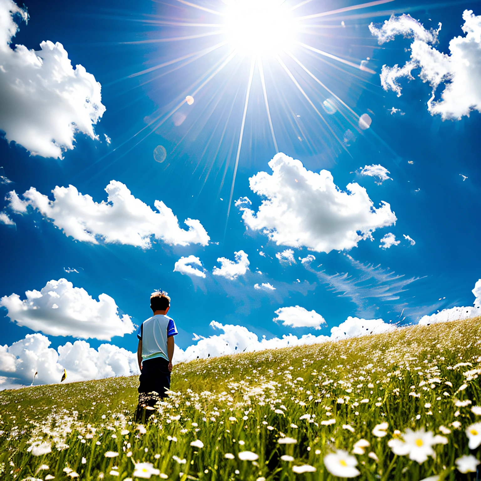 with blue sky and white clouds,Windblown meadows,Young boy standing on the grass,photorealestic,超高分辨率,cinematric light,best shadow,Realiy,The wind is blowing,Light scatters in the clouds,realisticlying,Realiy