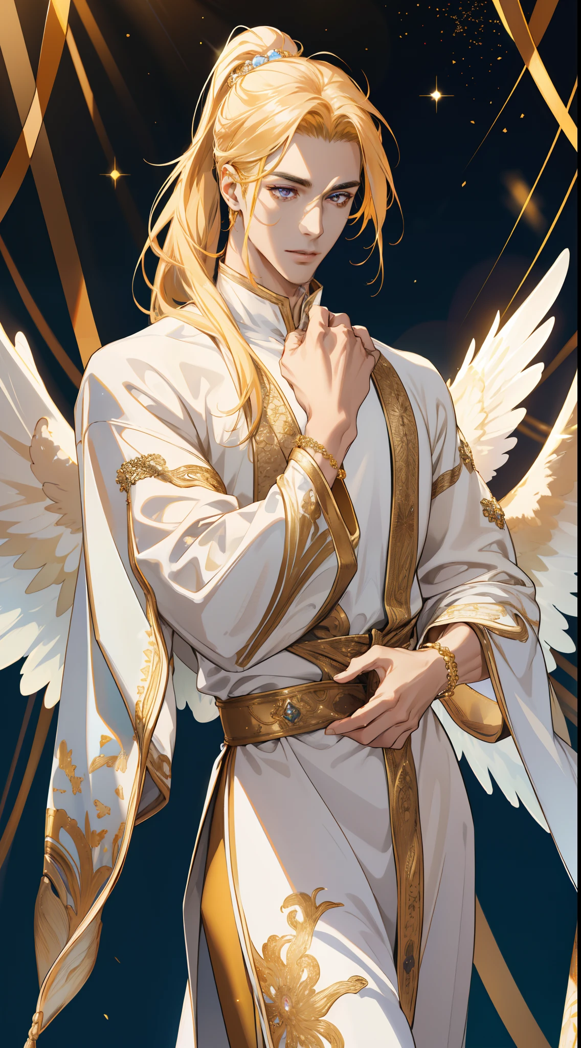 (absurdres, highres, ultra detailed, HDR), 1 male, MALE ONLY, adult, handsome, tall muscular guy, broad shoulders, finely detailed eyes and detailed face, golden color long hair, high half-ponytail, fantasy, complex pattern, detailed face, big angel wings, lens flare, colorful, glow white particles, white robe, gold bracelets and accessories, prism, glowing, glitter, particles, bloom, likes to celebrate and have fun, enjoys nature, bright and optimistic outlook, creative and adventurous spirit, represents happiness and harmony