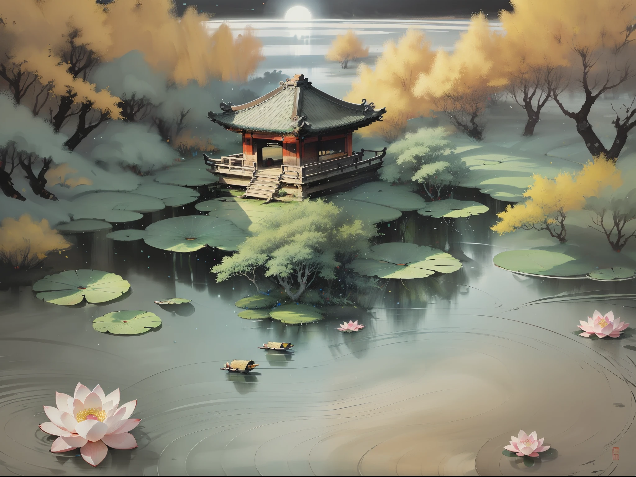 Chinese martial arts style, large area sky, ink style, outline light, atmospheric atmosphere, depth of field, mist rising, lake water, lotus flowers and leaves, small boats, pine trees, octagonal stone pavilions, arch bridges, night view,(No color)