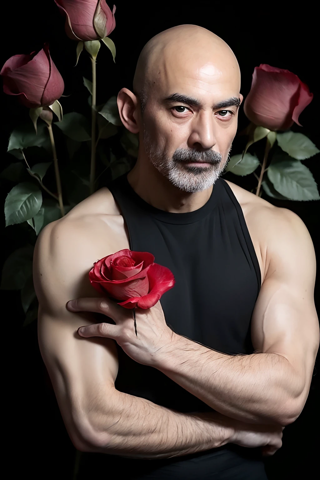 Dark theme、garden、(Very handsome hairless uncle:1.3)、(Glossy headskin:1.3)、Hairy pubis、Hairy legs、strong mustache、Good-looking middle-aged bald bodybuilder in black tank top and black pants、Cool statue to put your hands on your head(Confusion of bright red rose flowers on background:1.pectacular realistic photos、