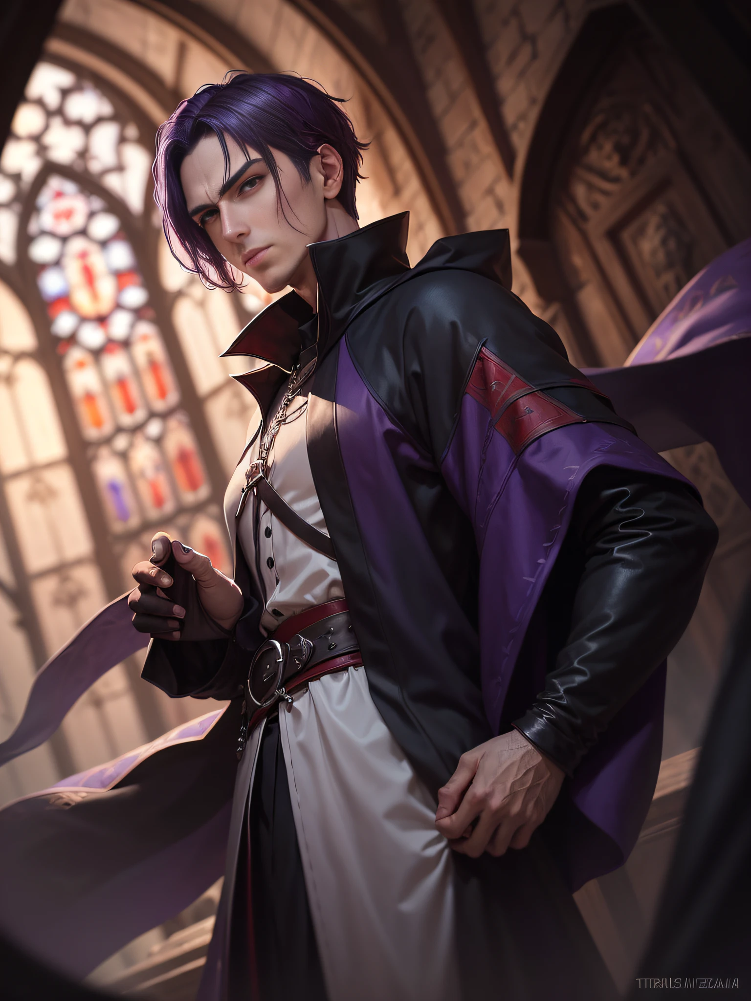 (((masterpiece, best quality, ultra detailed))), (male talented assassin, unapproachable vibe, expressionless, perfect fingers, perfect hands), 30 years old, (medieval Assassin costumes, assassin cloak), medieval church as background, empty, from above, outdoor, purple hair, very short hair, male face, male eyebrows, male eyes, sharp nose, adam's apple, (sharp eyes), pupils glowing red,