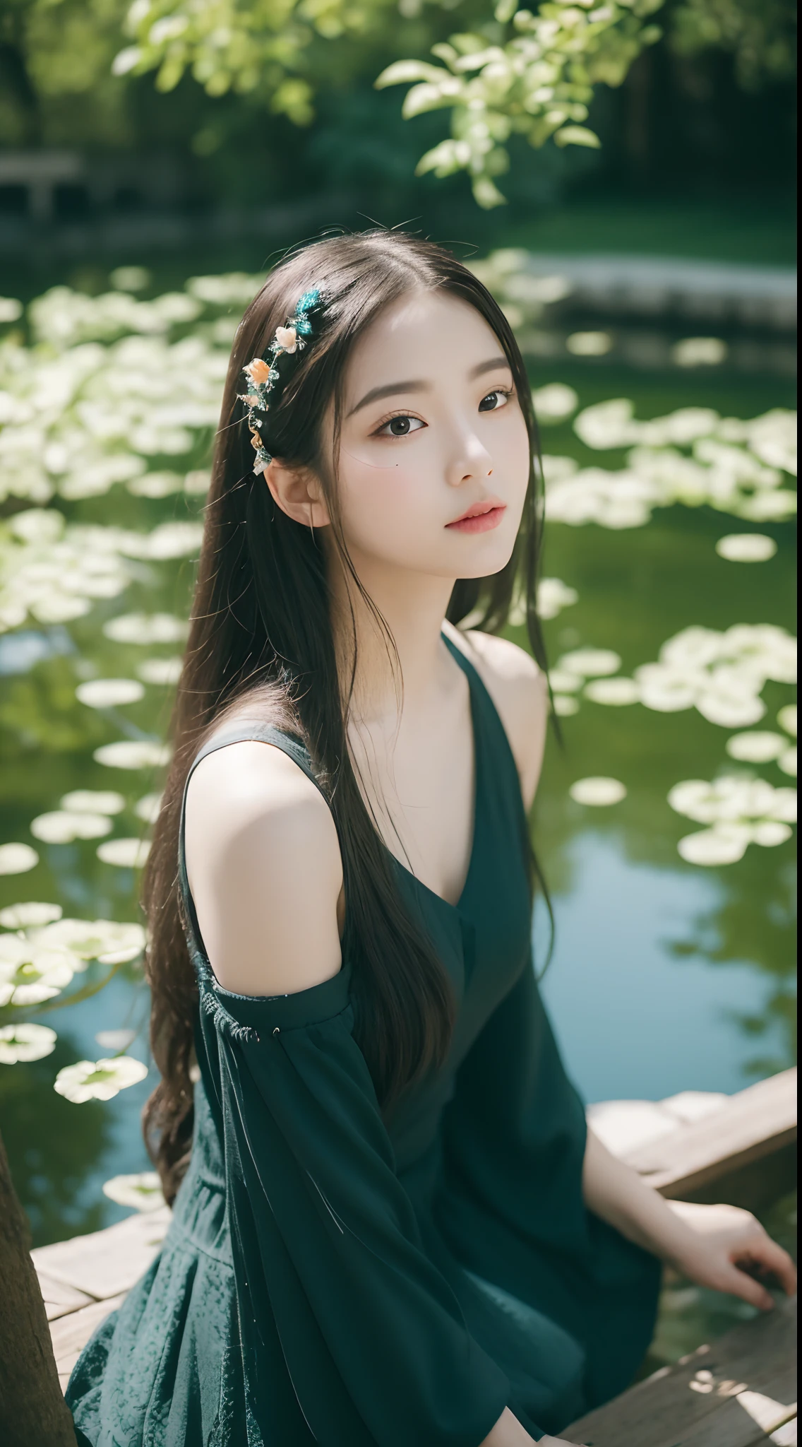 (8K, RAW photo, Best quality)1girll, Beautiful face, Coiled hair as black as a spring,Delicate hair accessories,posing on a,Outdoors, Chinese Garden, (ponds), noon, Streets, Sunshine,Background bokeh,Focalors,filmgrain,