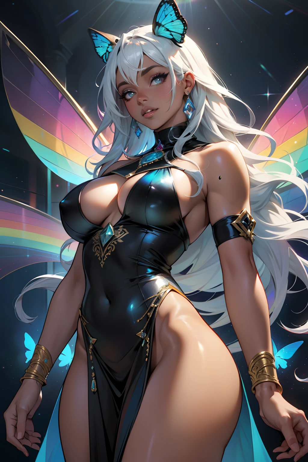 espartilho, mulher gorda, seios grandes, seios fartos, pernas grossas, coxas grossas, bunda grande, seios suculentos, pele negra, Woman with thick lips, fleshy lips, pele escura, pele realmente escura, Epele Chocolate Tom, fleshy lips, Personagens da Pessoa Africana, ebony skin, pele de chocolate, her every feature bathed in the ethereal glow of a holo color scheme, cativante e hipnotizante, Flowing odalisque buffalo Arabic style dress with silver tones adorned with sparkling, shifting, e tons iridescentes, refletindo a luz em uma tela deslumbrante, Holographic gems delicately reflecting a rainbow of colors, slender choker adding a touch of elegance, Ondas elegantes de cabelo, cintilante com tons brilhantes combinando com o esquema de cores holo, holographic makeup adorning her eyes and lips, holo-infused ambiance, floating orbs illuminating the space in iridescent glory, magnetic presence exuding grace, confidence, and a unique allure that captures all the attention moth wings, roupas sexy, Asas, asas de mariposa, translucent wings, fleshy lips, fleshy lips, thick lips, beautifull lips, pele negra, pele muito escura, pele muito escura, ebony skin, rainbow hair, curly hair, cabelo cacheado, Silver hair with holographic waves, cabelo bonito, pele muito escura, ebony skin, medieval cabelo prateado d&D vestido, olhos perfeitos, Olhos detalhados, vestido fluido;, Ethereal Holo Dress, Vestido prateado, Vestido Beautyfull Sexy, Vestido Odalisc, Vestido fluido de olhos perfeitos, vestido transparente, vestido bonito bufante prateado, asas de mariposa translucidas, vestido cintilante prateado, asas de mariposa