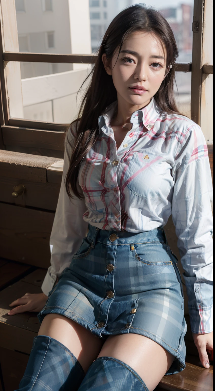 realisitic,masterpiece,masutepiece,Best Quality,Ultra-detailed,Photorealistic,Realistic,(Photography:1.1),1girl in,rosy cheeks,moist lips,high-angle shot,Soft chest,porcelain looking skin,(Plaid_button down_Shirt:1.5),(denim_Skirt:1.4),(battleing_long boots:1.3),Maki Goto