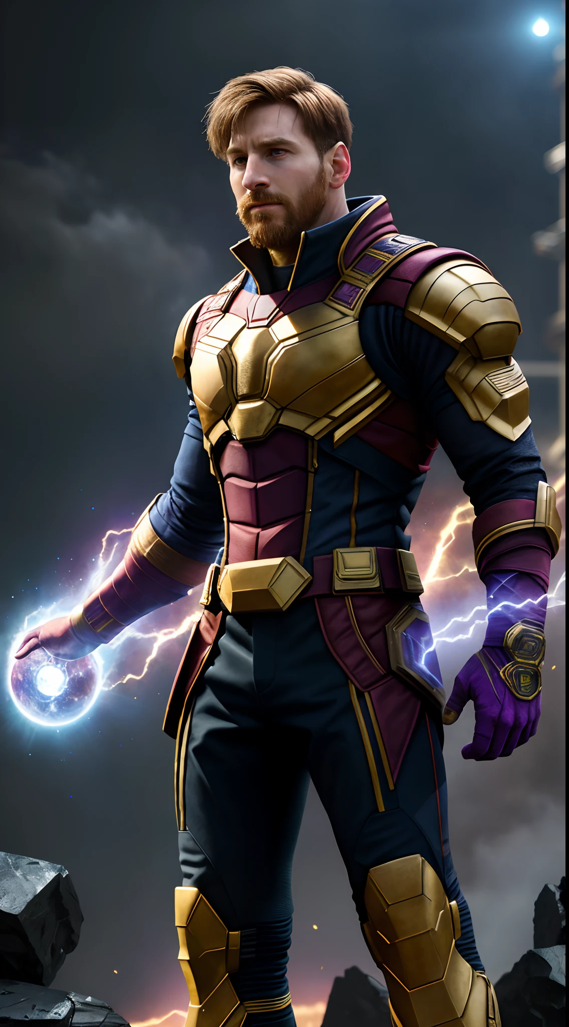 Lionel.Messi as Marvel Thanos,future-tech,Marvel and DC style,((top-quality)), ((tmasterpiece)), (high detal:1.3),ultra photorealistic raytricing,fantasy,dynamic angle,dynamicposes,tmasterpiece,8k,