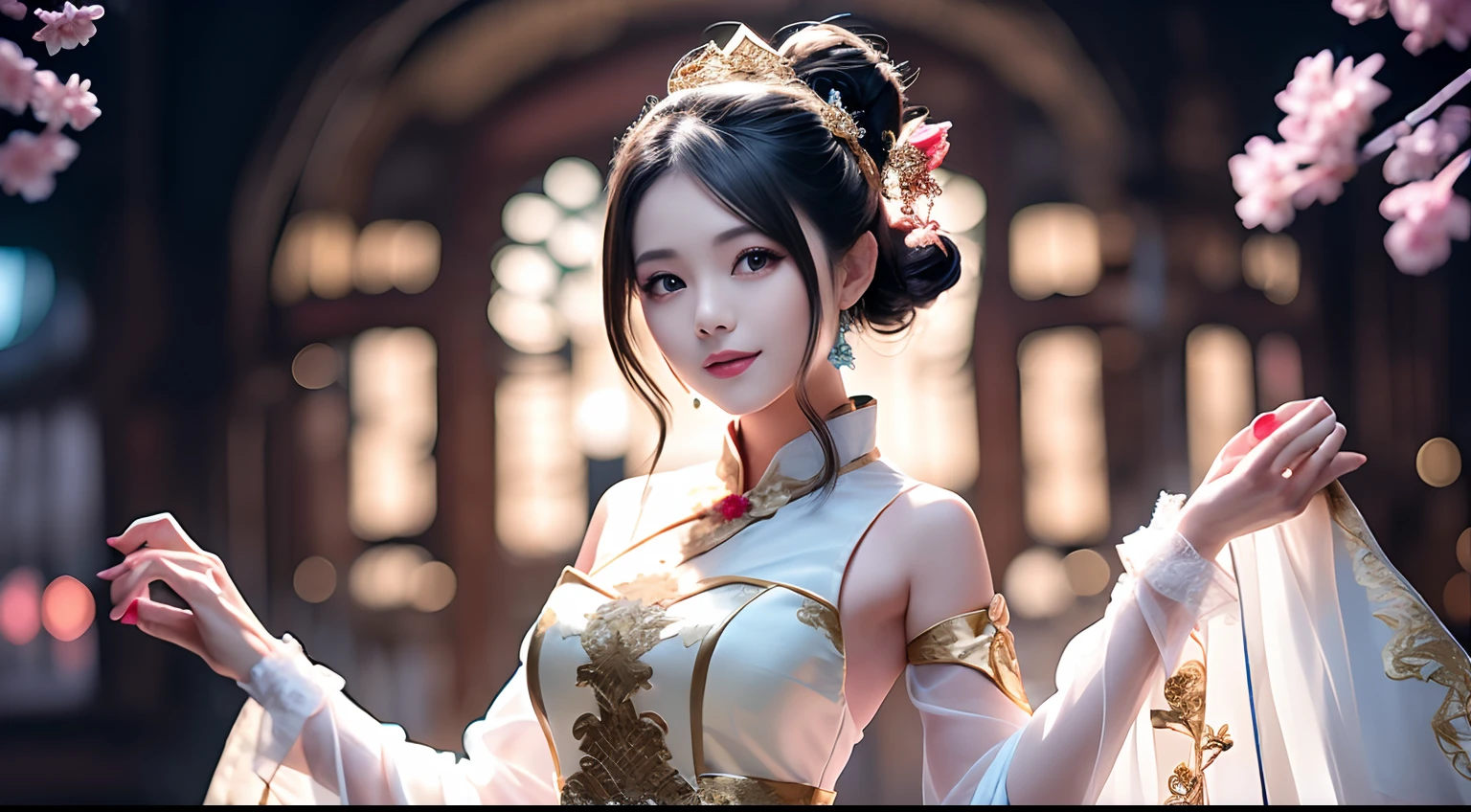 top-quality、tmasterpiece、A high resolution、Wuxi 1girl、(gold Chinese dress)、((Super beautiful face))、Super beautiful eyes、Super beautiful hair、(nedium breasts、Naked of breast、Sexy cleavage、very detailed breasts)、