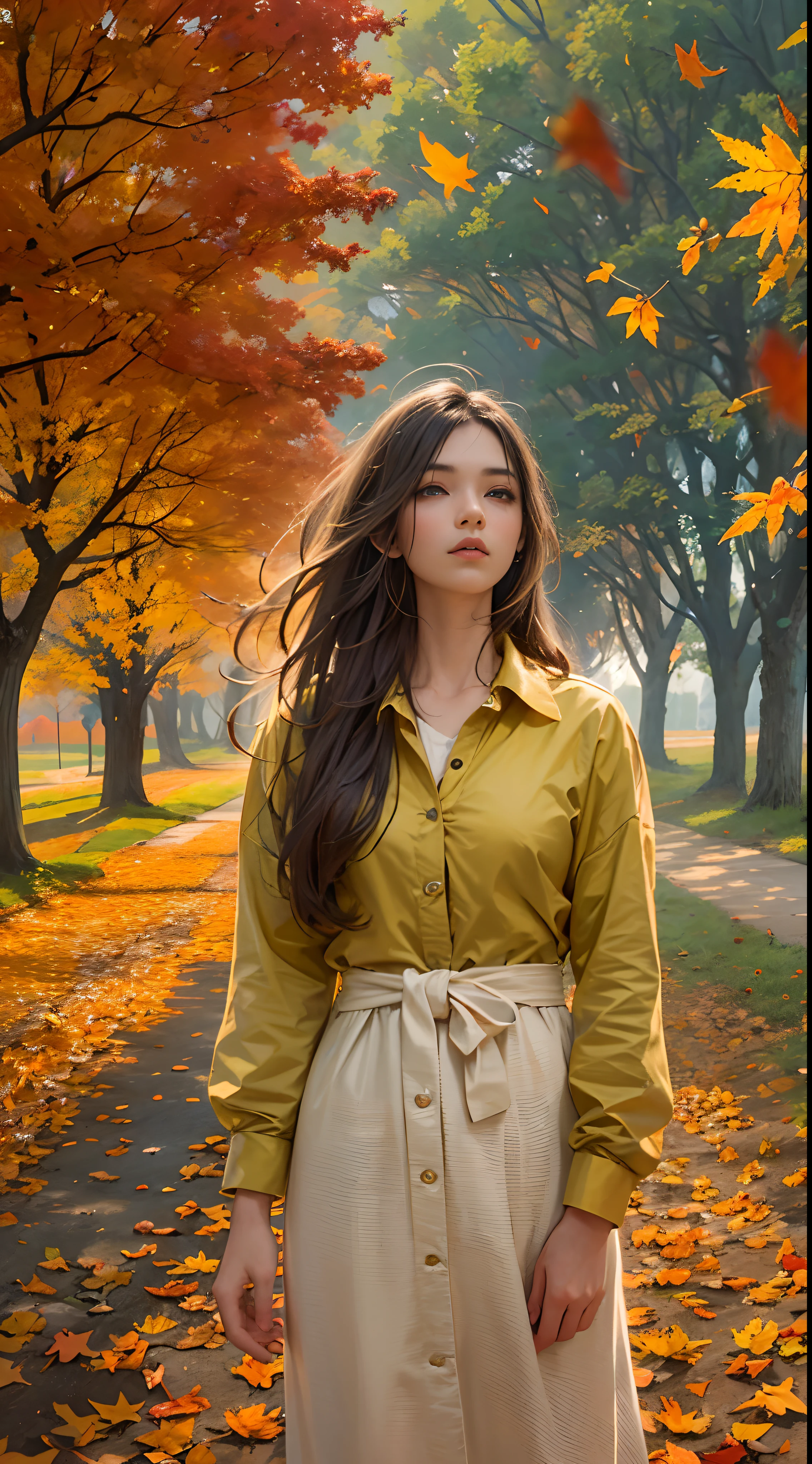 Picture quality:Highly detailed masterpiece 8K high-resolution content:On the fields in autumn,On wilderness trails,You can see the sea in the distance,The street lights are slightly lit,Autumn leaves float in the air,There are glittering particles fluttering,Warm light background:1girll,Surrealist portraits of women by David Hockney and Alphonse Mucha,hair glowing,glomy,whaite hair,long whitr hair,in blouse wearing,Lazy action atmosphere:warm and comfortable,With a little cool autumn light:warm color:High saturation,Bright composition。。:Top-down composition ,Medium composition style reference:photographrealistic