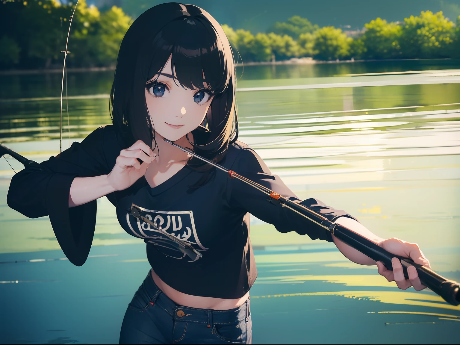 (((have a fishing rod with a reel))) (((stand by the lakeside:1.1))),((Best quality, Masterpiece :1.3)),(1 japanese mature female),black hair, longeyelashes, solid circle eyes, light smile, drop shadow, atmospheric perspective, 8k, super detail, ccurate, best quality, small breasts,black jacket, Black T-shirt ,navy blue jeans,