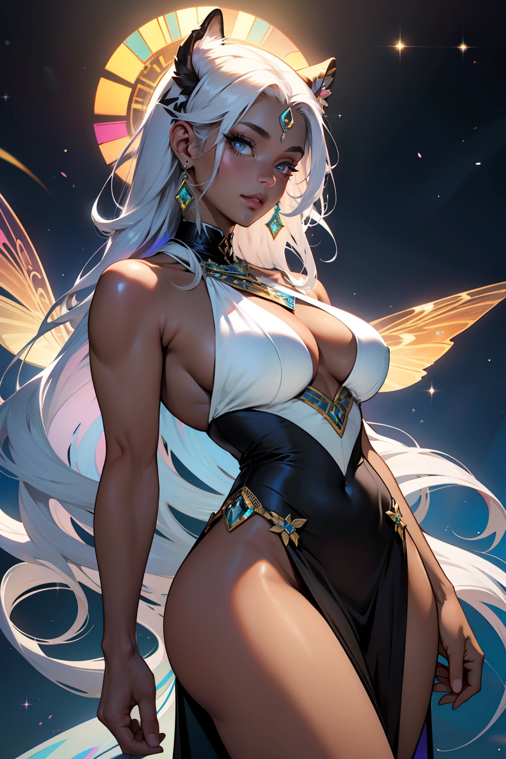 espartilho, mulher gorda, seios grandes, seios fartos, pernas grossas, coxas grossas, bunda grande, seios suculentos, pele negra, Woman with thick lips, fleshy lips, pele escura, pele realmente escura, Epele Chocolate Tom, fleshy lips, Personagens da Pessoa Africana, ebony skin, pele de chocolate, her every feature bathed in the ethereal glow of a holo color scheme, cativante e hipnotizante, Flowing odalisque buffalo Arabic style dress with silver tones adorned with sparkling, shifting, e tons iridescentes, refletindo a luz em uma tela deslumbrante, Holographic gems delicately reflecting a rainbow of colors, slender choker adding a touch of elegance, Ondas elegantes de cabelo, cintilante com tons brilhantes combinando com o esquema de cores holo, holographic makeup adorning her eyes and lips, holo-infused ambiance, floating orbs illuminating the space in iridescent glory, magnetic presence exuding grace, confidence, and a unique allure that captures all the attention moth wings, roupas sexy, Asas, asas de mariposa, translucent wings, fleshy lips, fleshy lips, thick lips, beautifull lips, pele negra, pele muito escura, pele muito escura, ebony skin, rainbow hair, curly hair, cabelo cacheado, Silver hair with holographic waves, cabelo bonito, pele muito escura, ebony skin, medieval cabelo prateado d&D vestido, olhos perfeitos, Olhos detalhados, vestido fluido;, Ethereal Holo Dress, Vestido prateado, Vestido Beautyfull Sexy, Vestido Odalisc, Vestido fluido de olhos perfeitos, vestido transparente, vestido bonito bufante prateado, asas de mariposa translucidas, vestido cintilante prateado, asas de mariposa