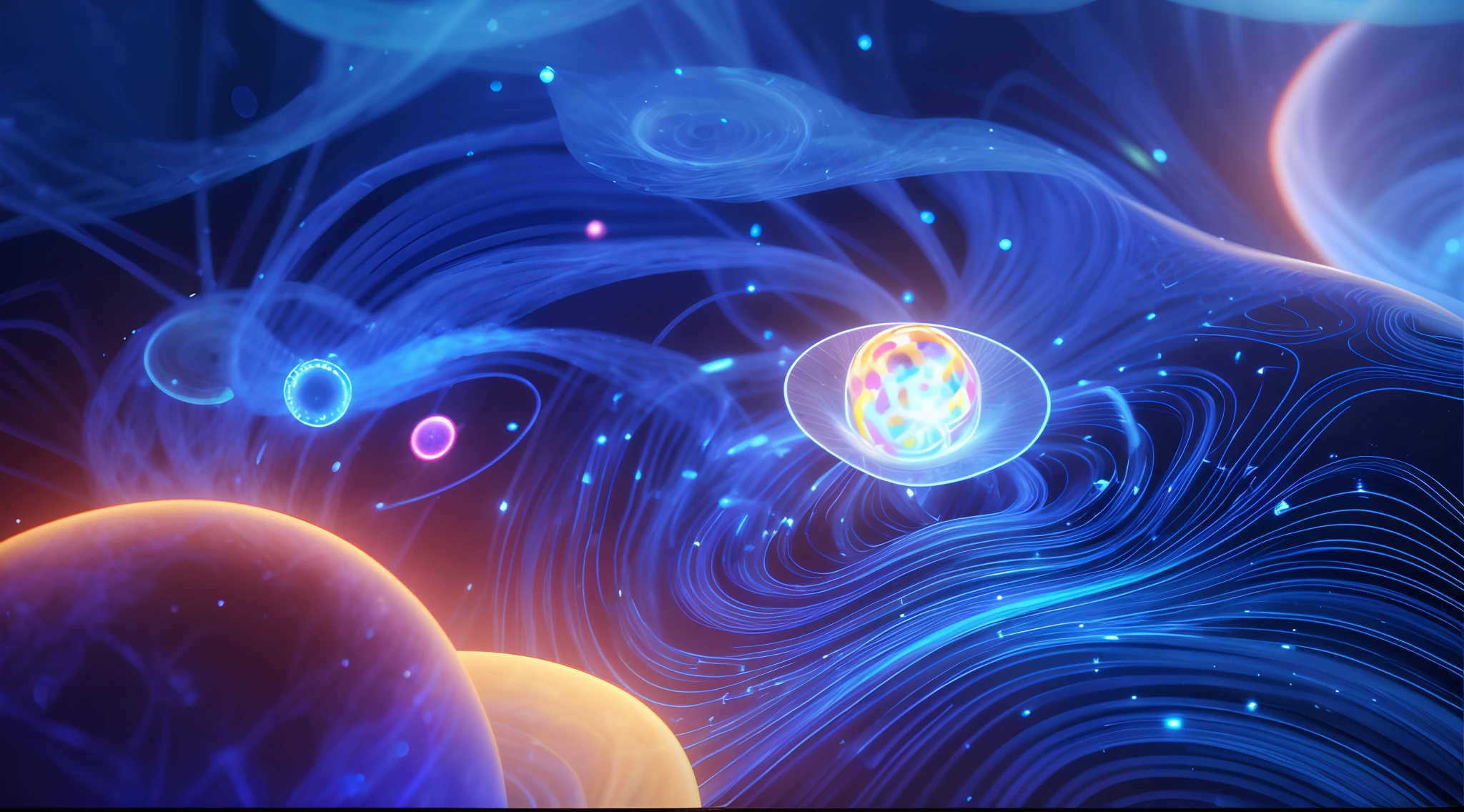 Close-up of a computer-generated spatial image, cosmic energy wires, colorful redshift render, Realistic textured magnetosphere, Spatial distortion and distortion, Tearing the space-time structure, space graphics art in background, Rendered in redshift, particle waves, beautiful cosmic neural network, beautiful composition 3 - d 4 k, swirling flows of energy,k hd,A detailed,Pubic area is clear,outerspace,kosmos,Metaverse,sci-fy,jelly fish,a cosmic jellyfish,galaxias