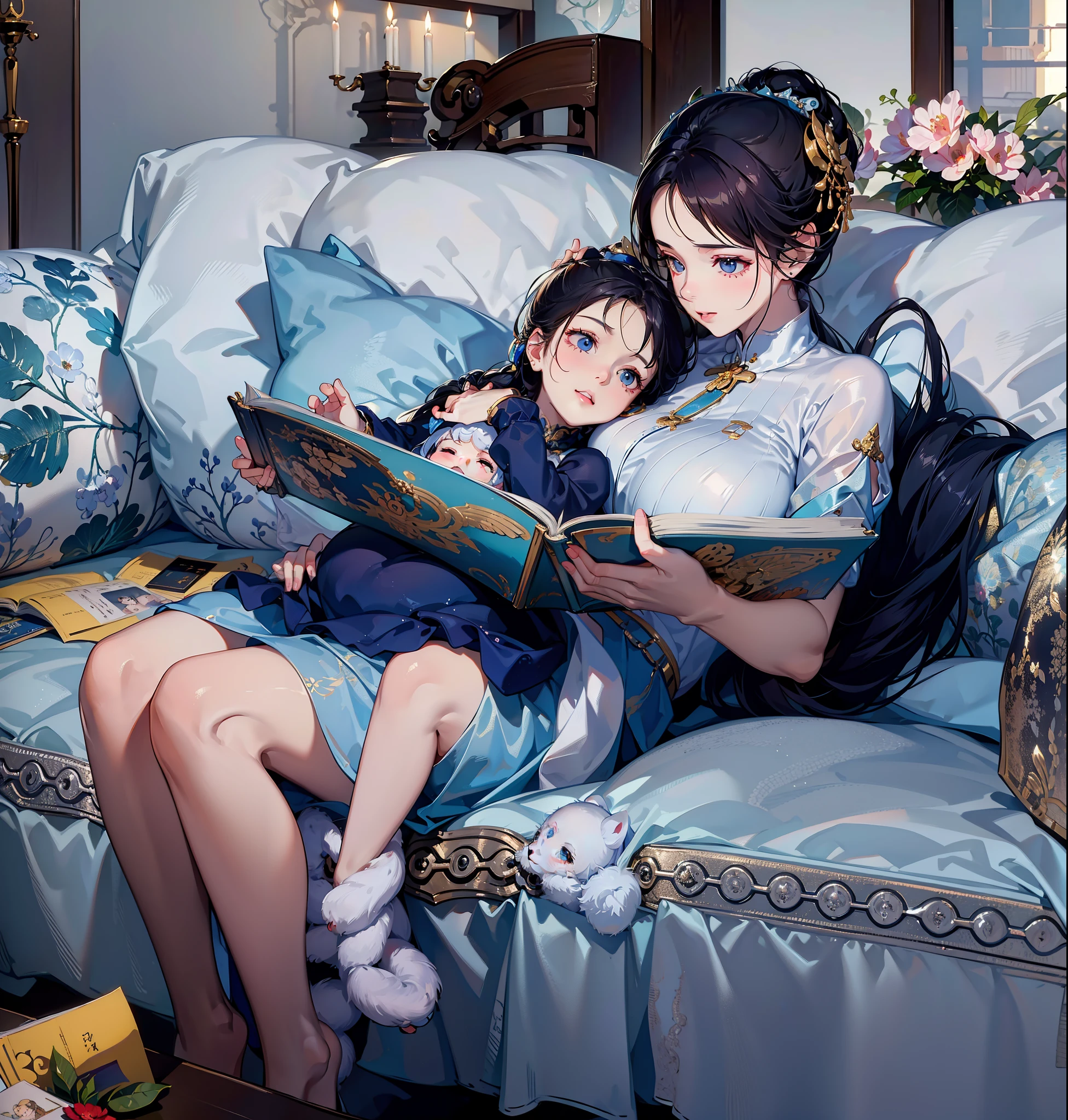 tmasterpiece,Need,8K,Mom and baby girl,The baby leans into the mother's arms,Read a book together