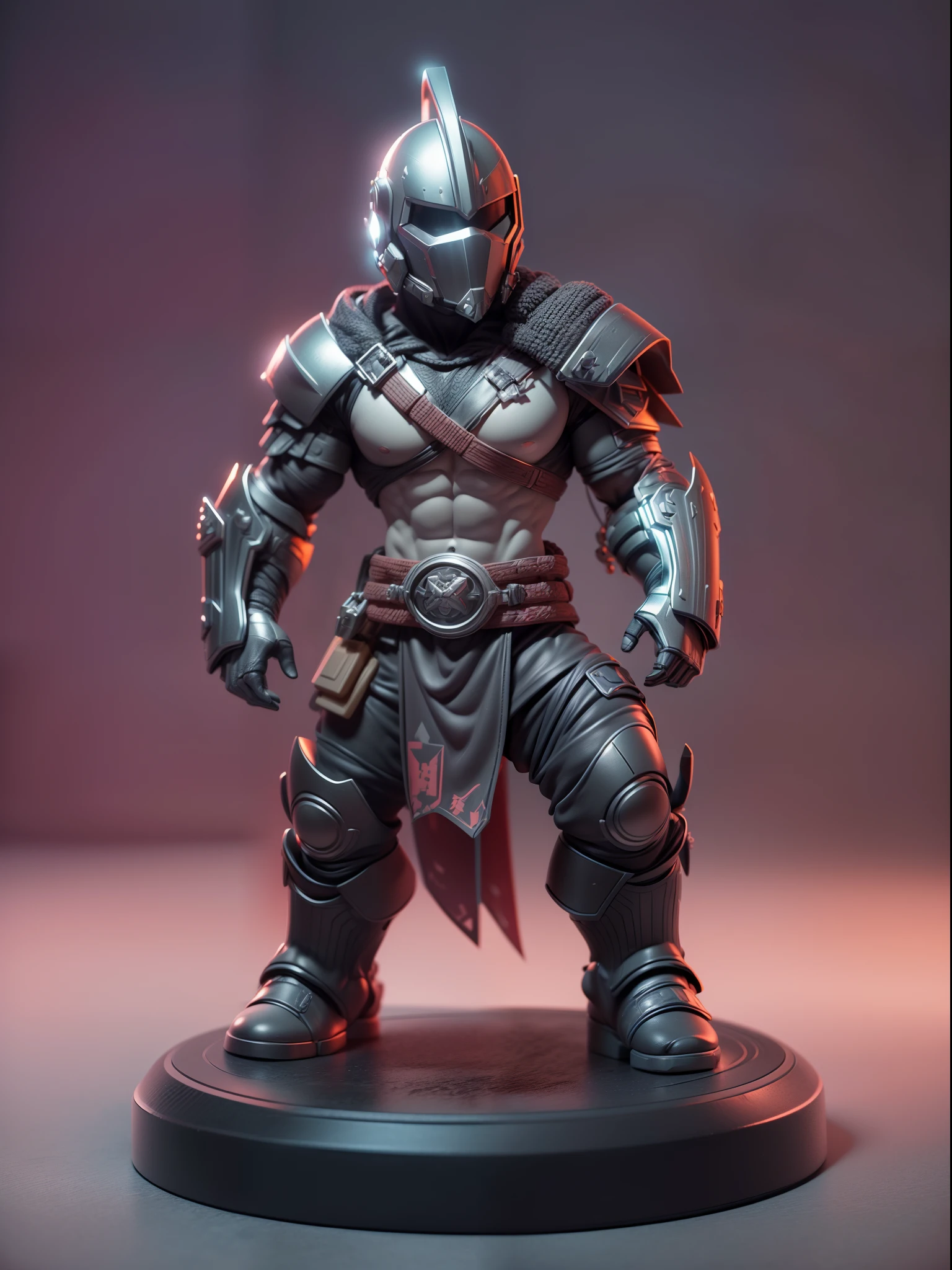 (Blind box toy style:1.2), (Full body shot) , (1 male barbarian)(((solo))) plastic armor,plastic opaque helmet,cyberpunk style, dreamy glow, Clean background,black and silver style,(circular base) ( Global illumination, Ray traching, hdr, unreal render,reasonable design, high detal, Masterpiece, Best quality, hyper HD, Cinematic lighting)