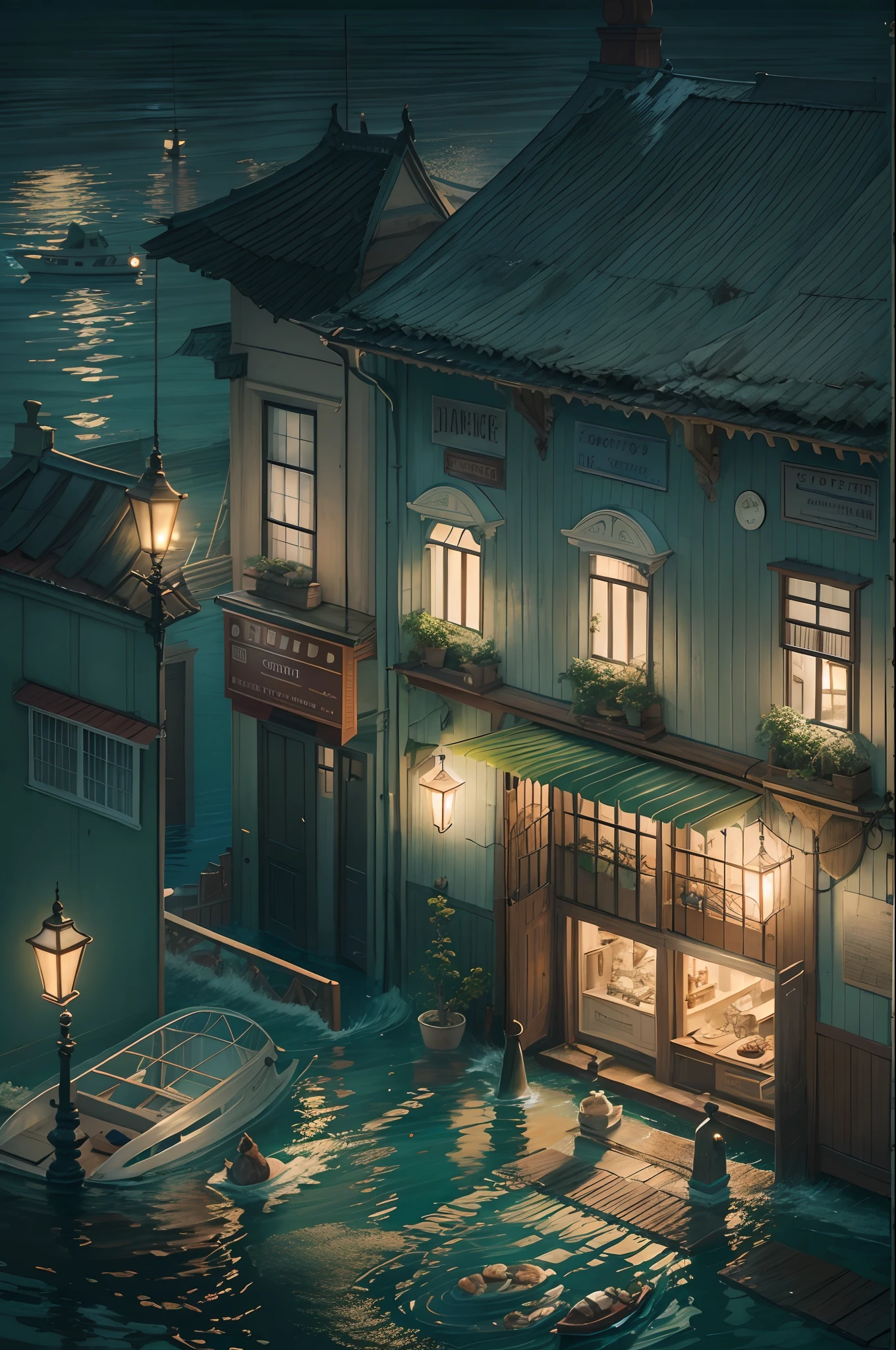 evening light,the ocean,A city in the sea,Flooded streets,small boats,lamplight