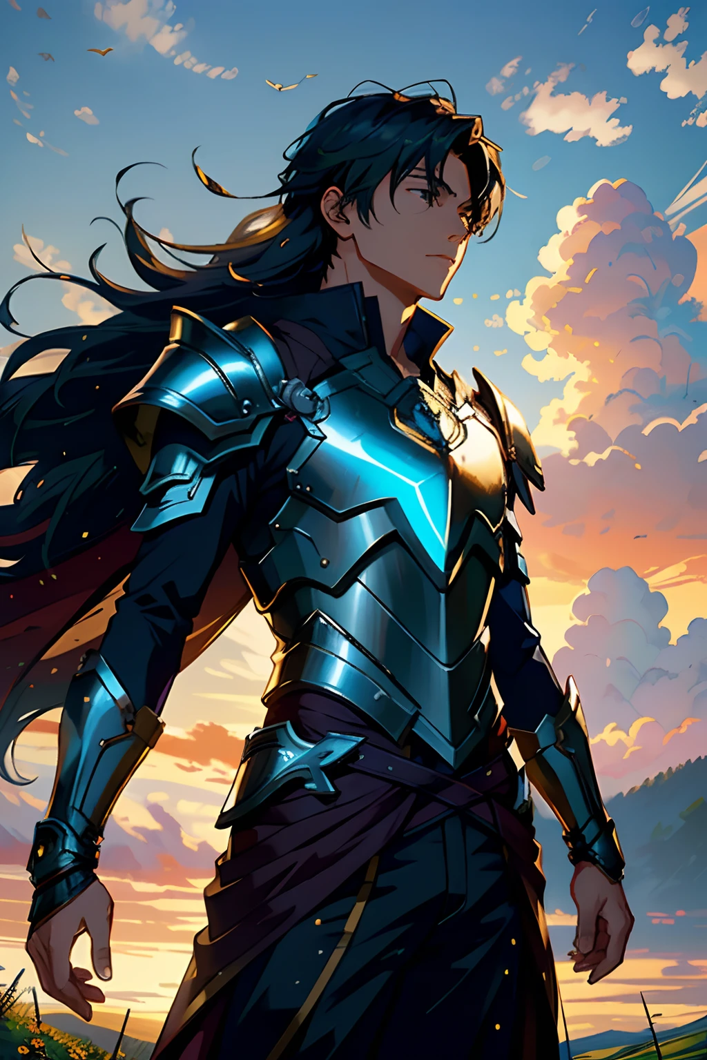 (ultra high res,photorealistic,realistic,best quality,photo-realistic)
Create an anime scene featuring a young man standing on a grassy cliff at sunset. He wears a blend of traditional and futuristic armor, holding a glowing sword. His determined expression and flowing hair catch the wind as he overlooks a serene valley. The animated background includes swaying trees, drifting clouds, and soaring birds, adding to the tranquil ambiance. Surrounding him, vibrant wildflowers bloom, and his ornate armor tells a story of his journey. The interplay of light and shadow emphasizes his heroism and connection to the world around him.