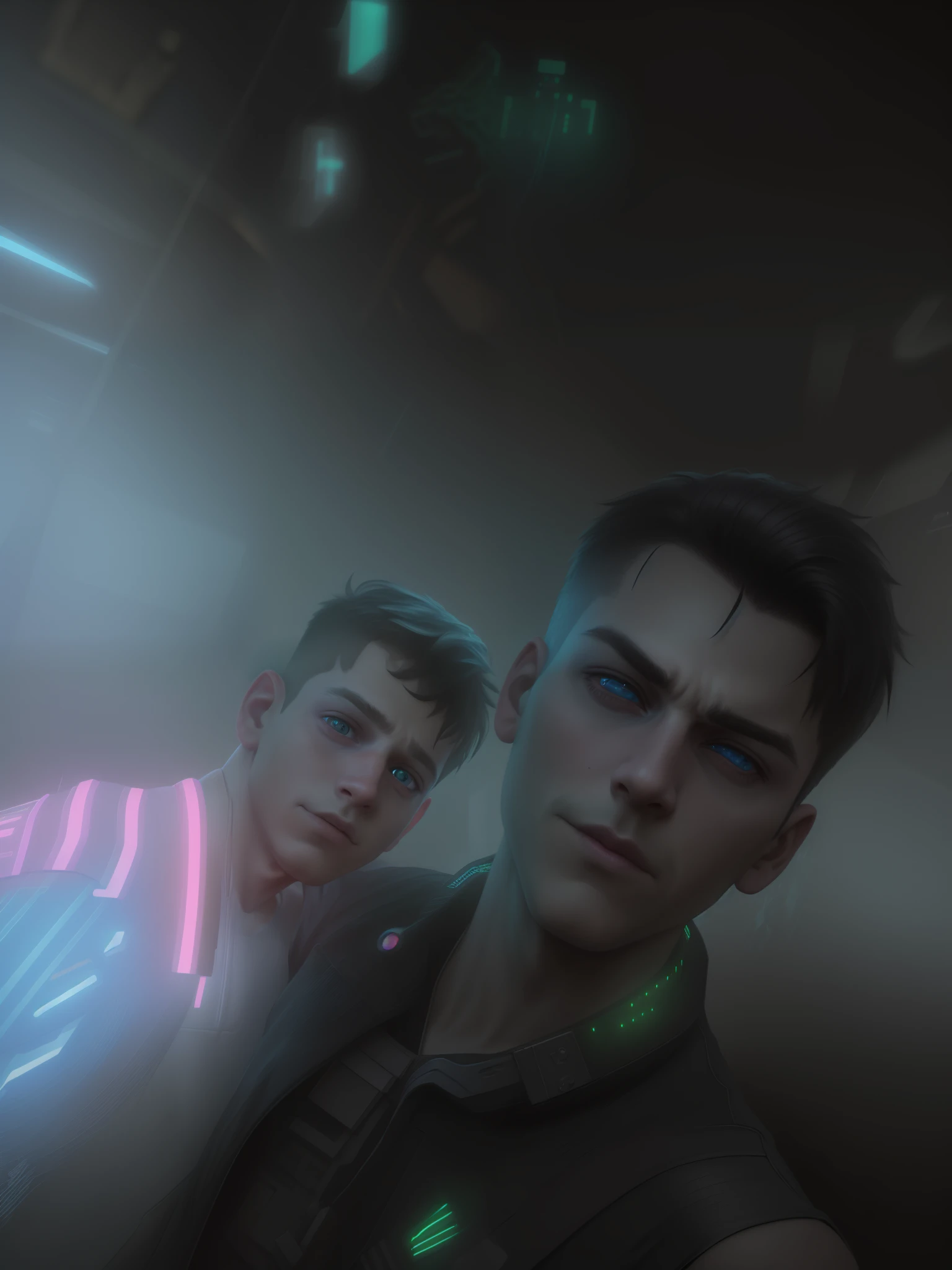 jpg, toddler, cyberpunk, neon, 8k, --v 4 Change background cyberpunk handsome boy, realistic face, 8k, ultra realistic 2 friends boy
